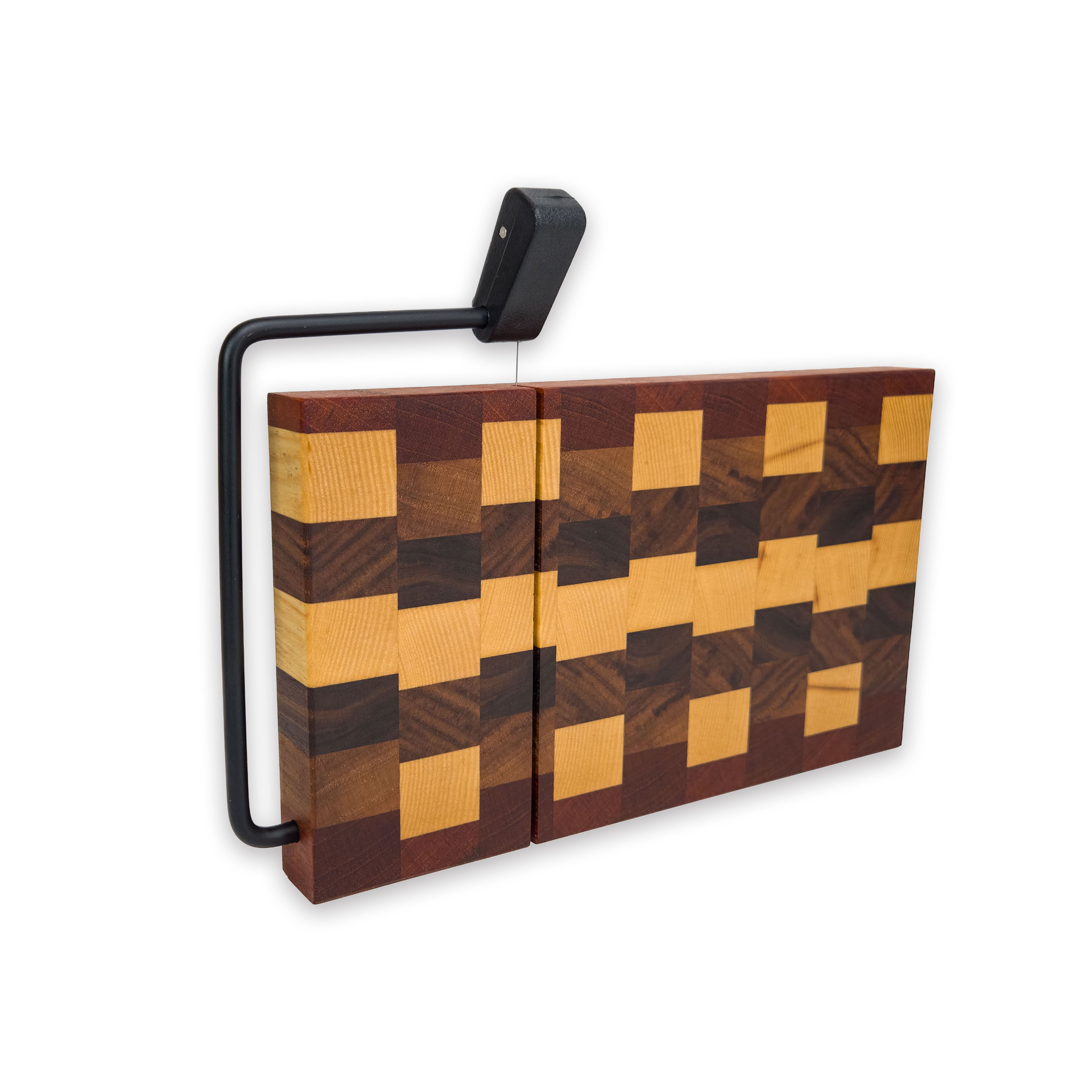 End grain maple, walnut & cherry cheese slicer board with wire cutter, oiled hardwood