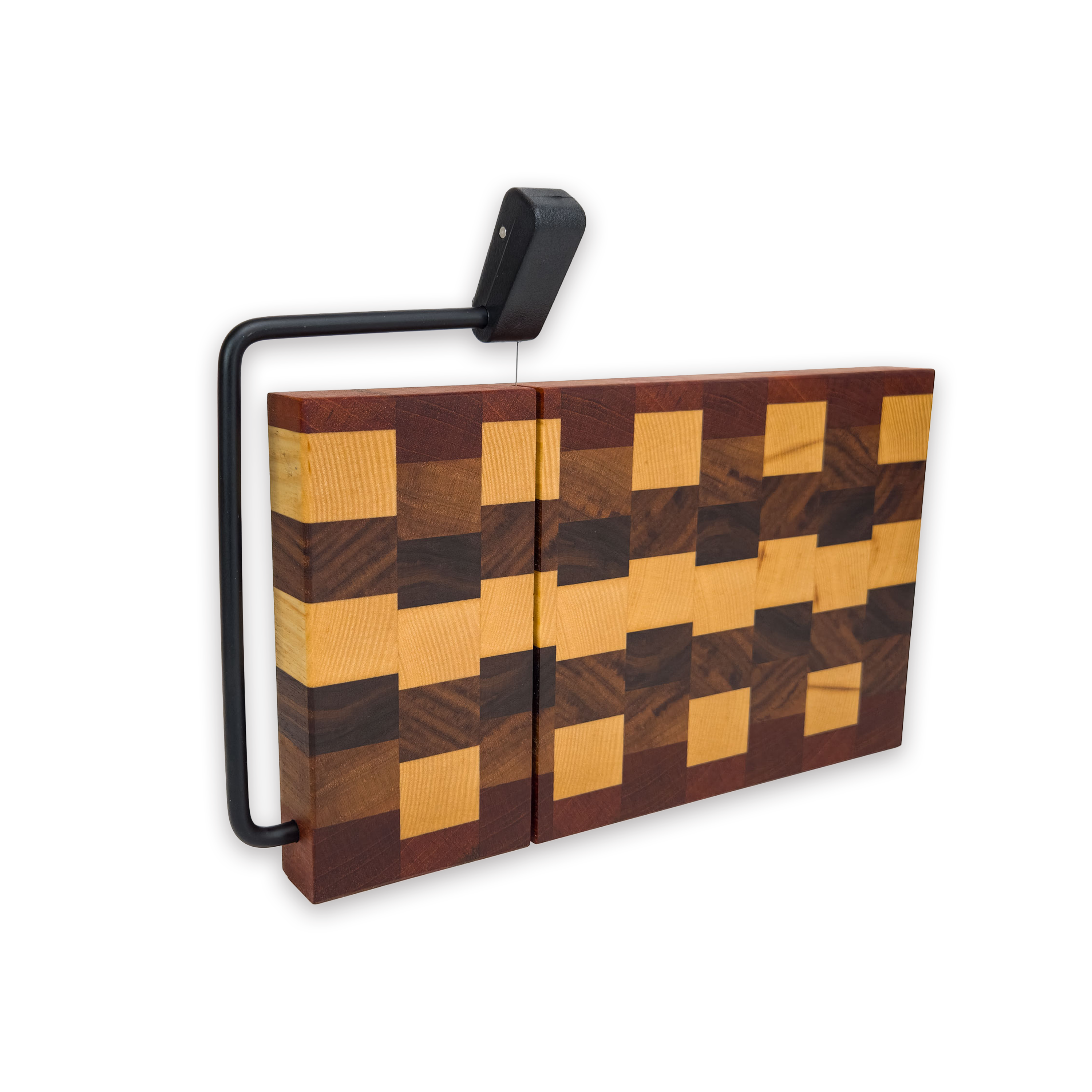 End grain maple, walnut & cherry cheese slicer board with wire cutter, oiled hardwood