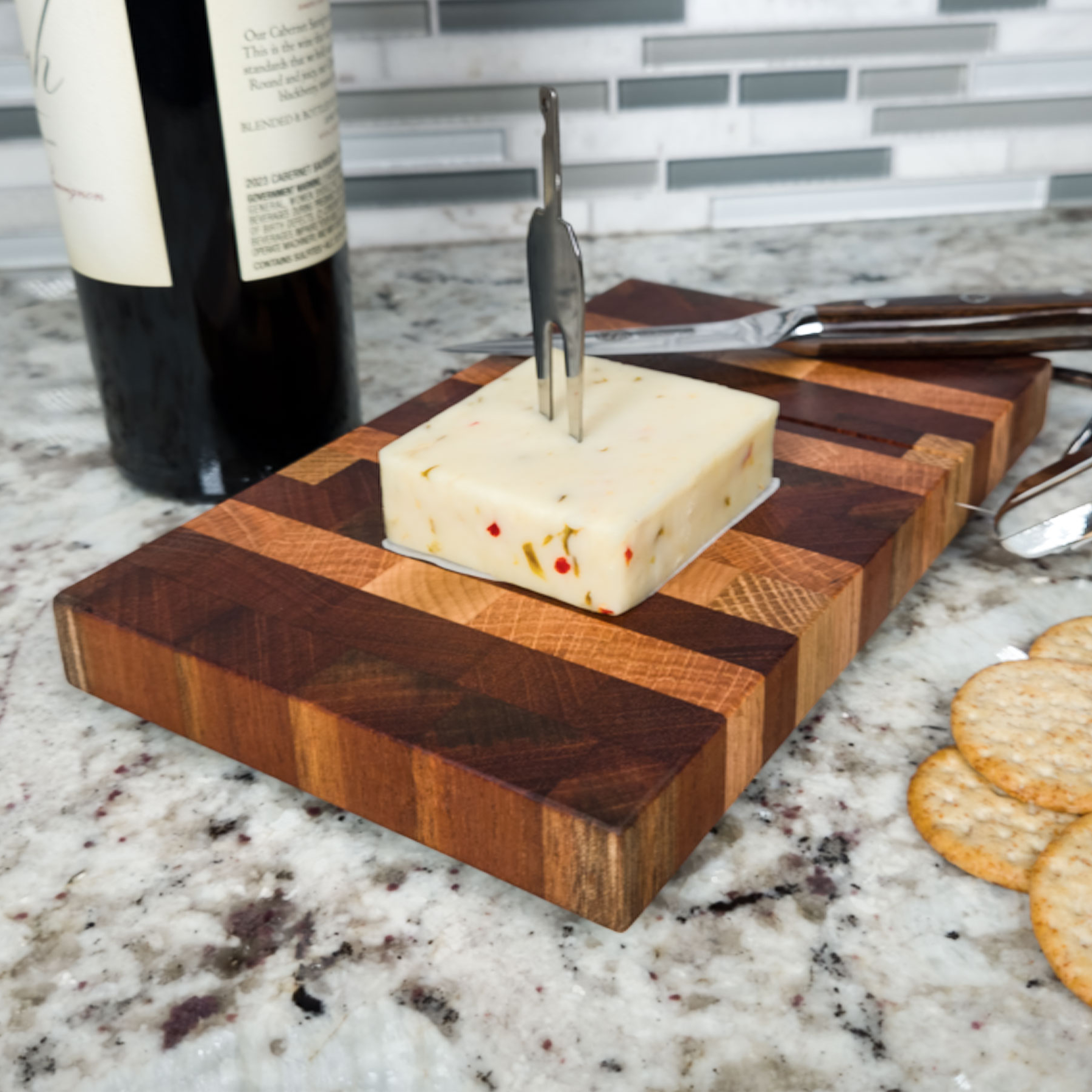 End grain oak, cherry & walnut cheese slicer board with wire cutter, oiled hardwood