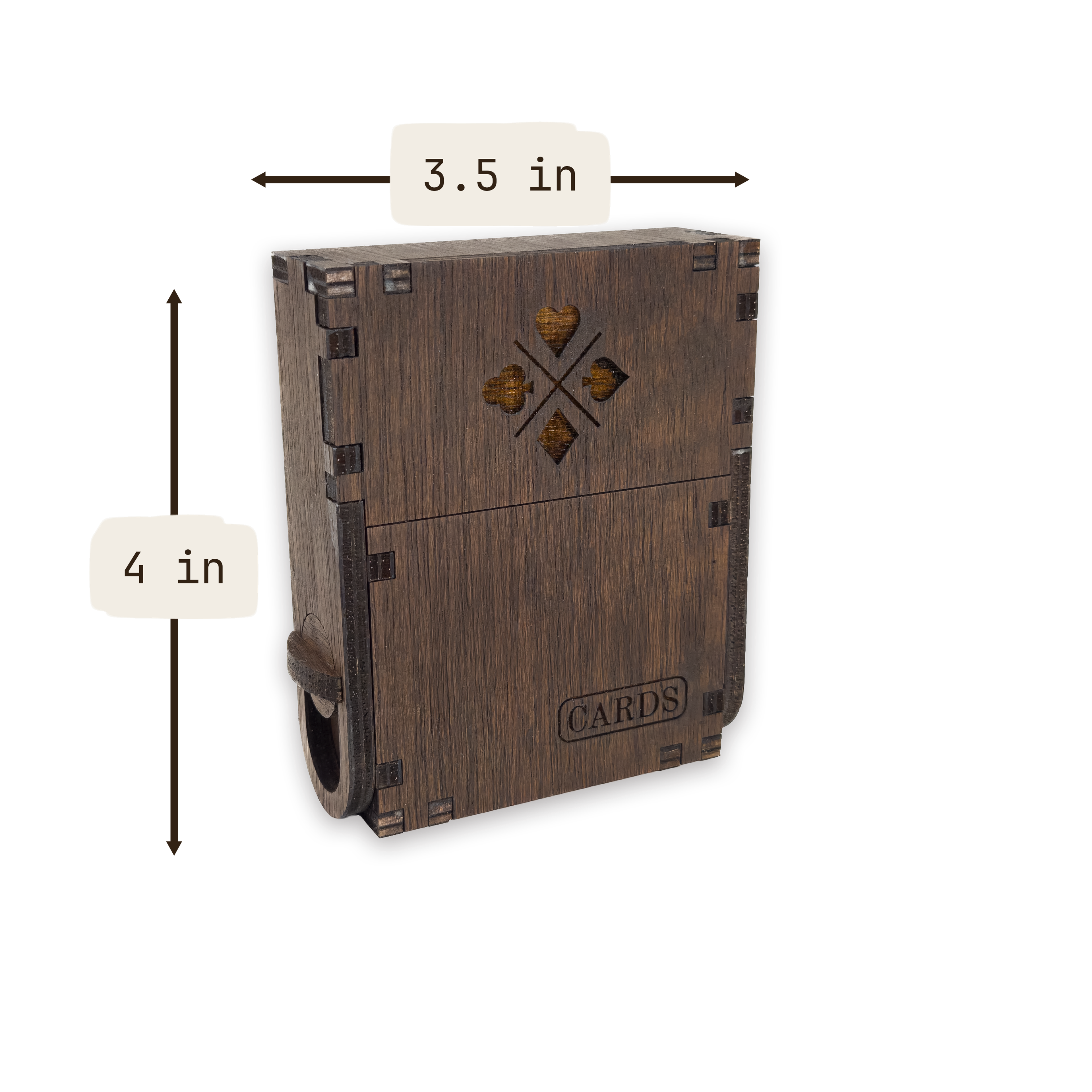 Laser-cut playing card box, dark-walnut-stained birch plywood — as shown (3.5 × 4 in)