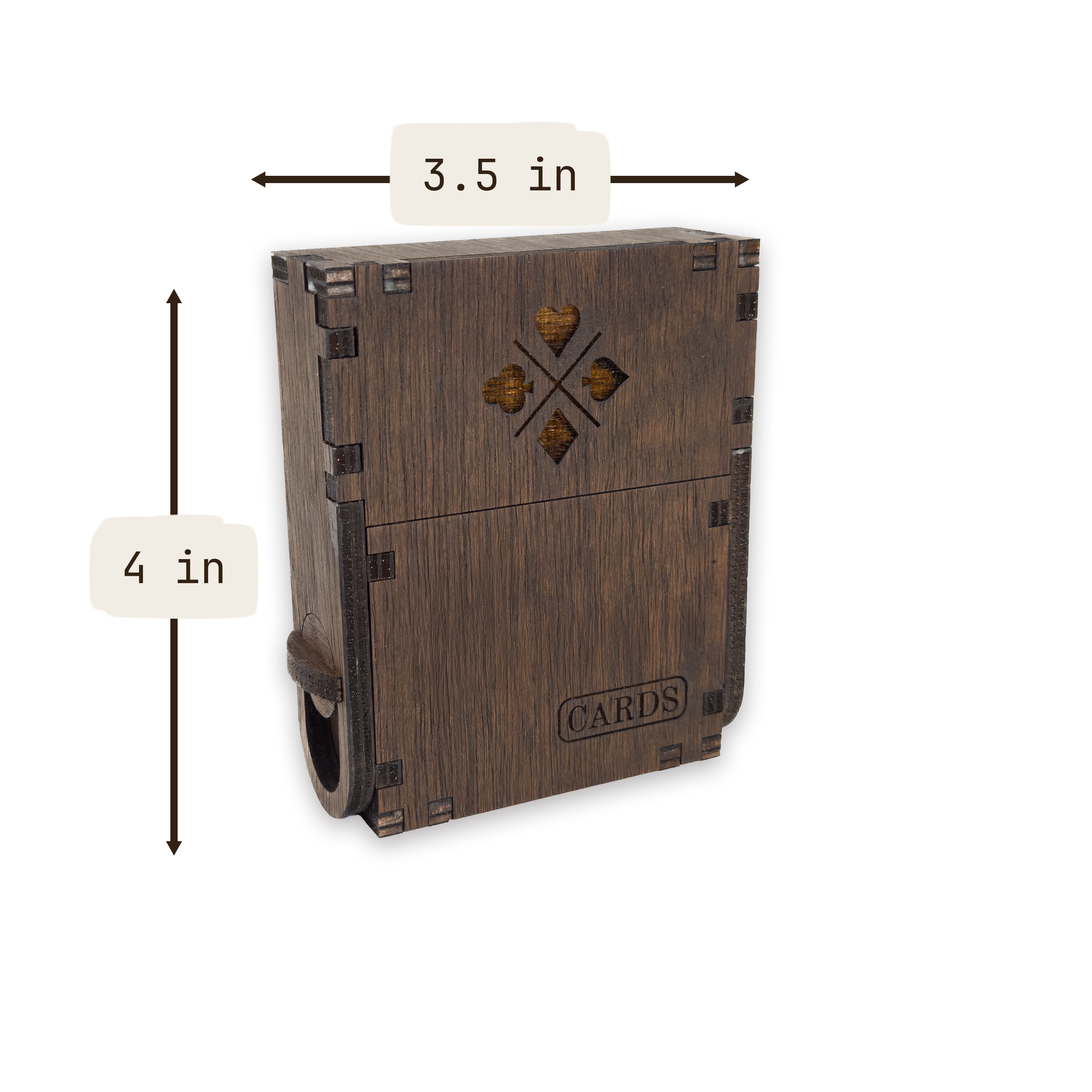 Laser-cut playing card box, dark-walnut-stained birch plywood — as shown (3.5 × 4 in)