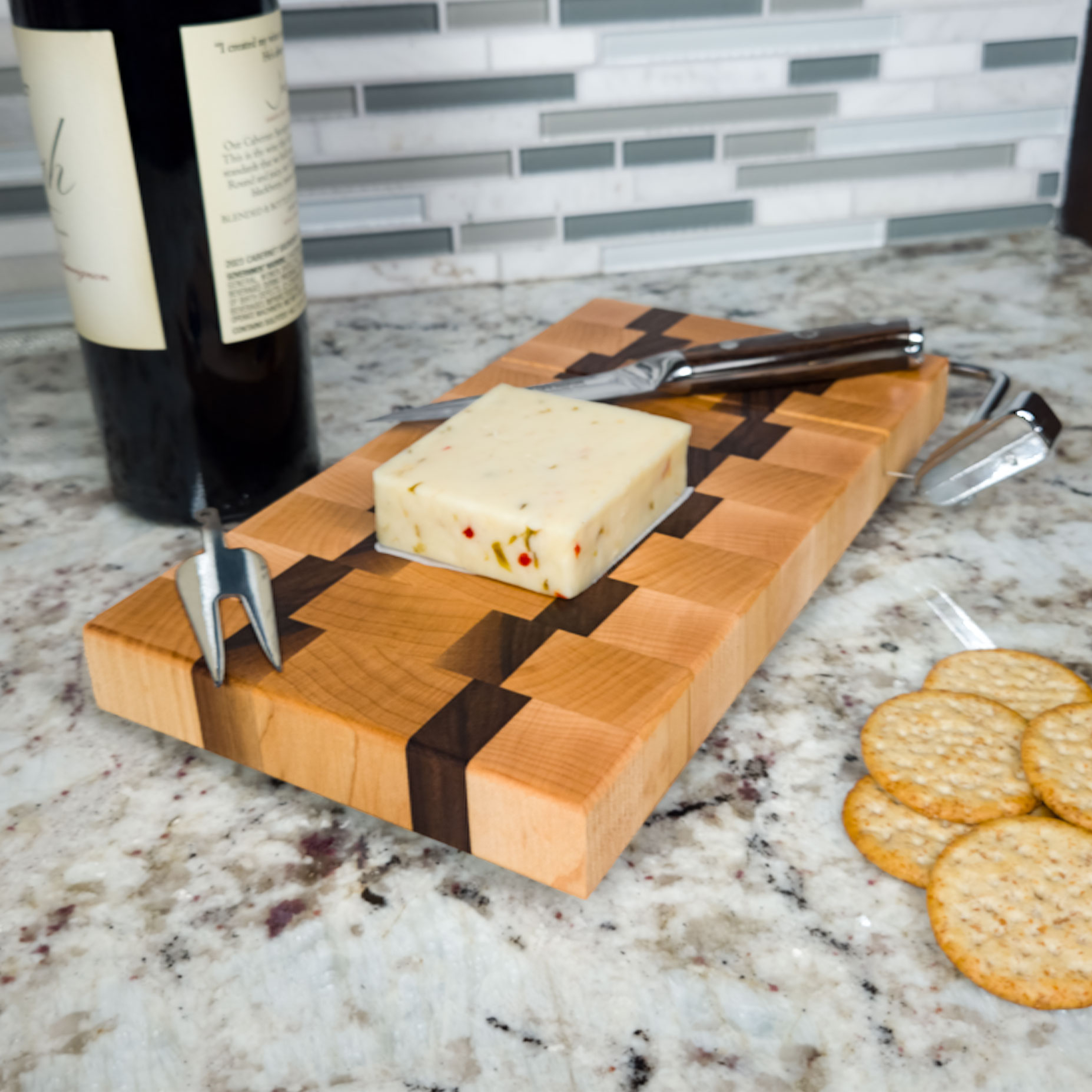 End grain maple & walnut cheese slicer board with wire cutter, oiled hardwood