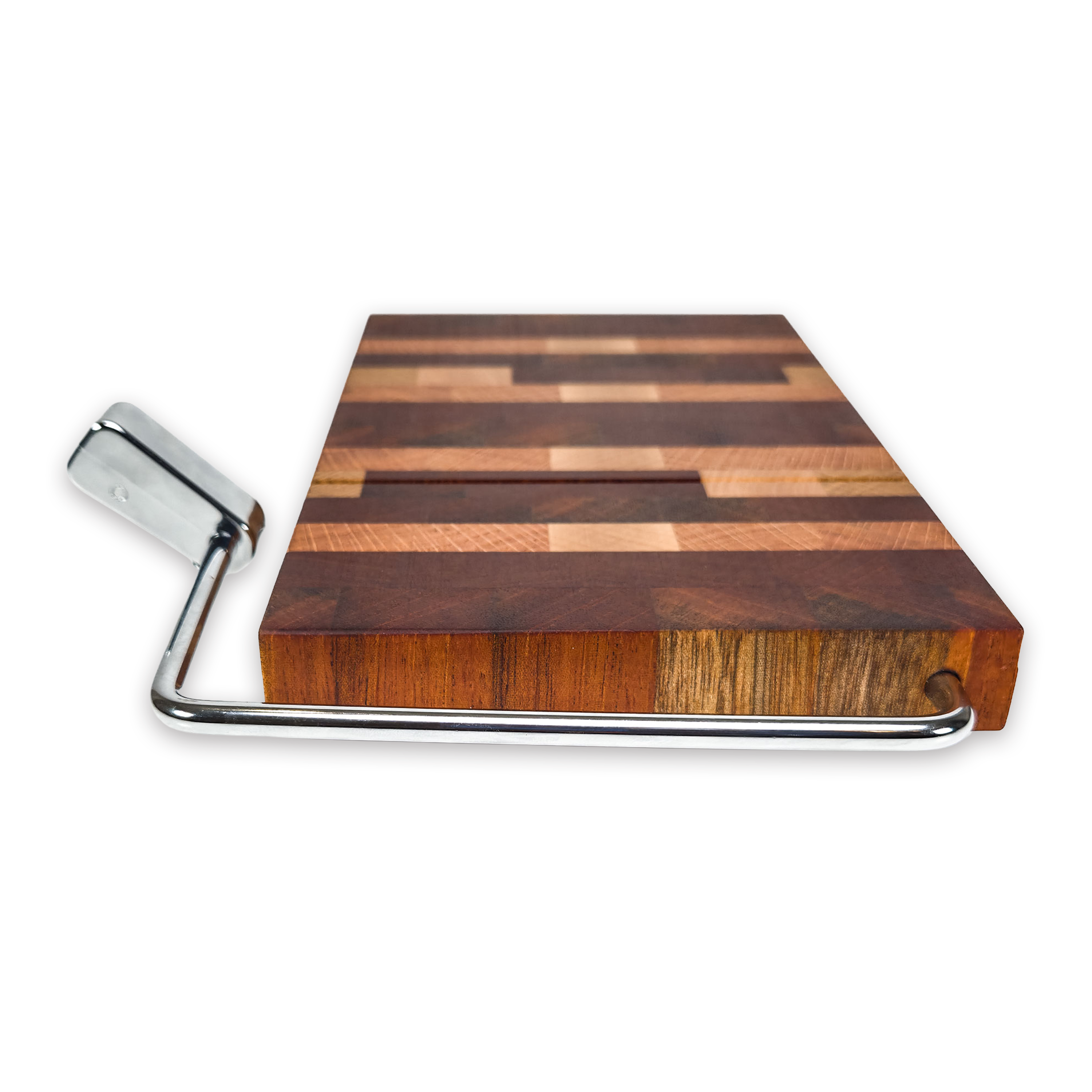 End grain oak, cherry & walnut cheese slicer board with wire cutter, oiled hardwood