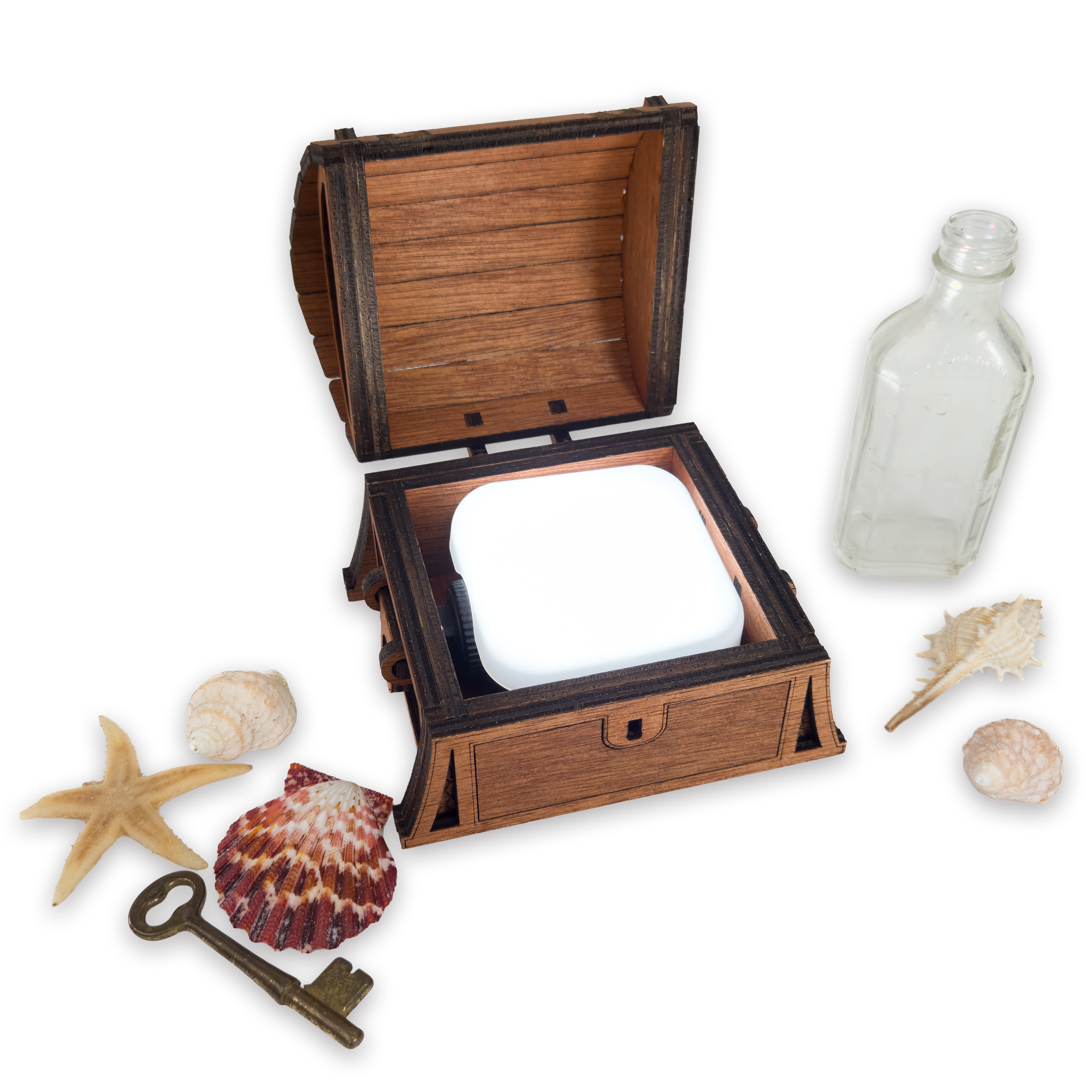 Laser-cut fantasy treasure chest, cherry-finished birch plywood