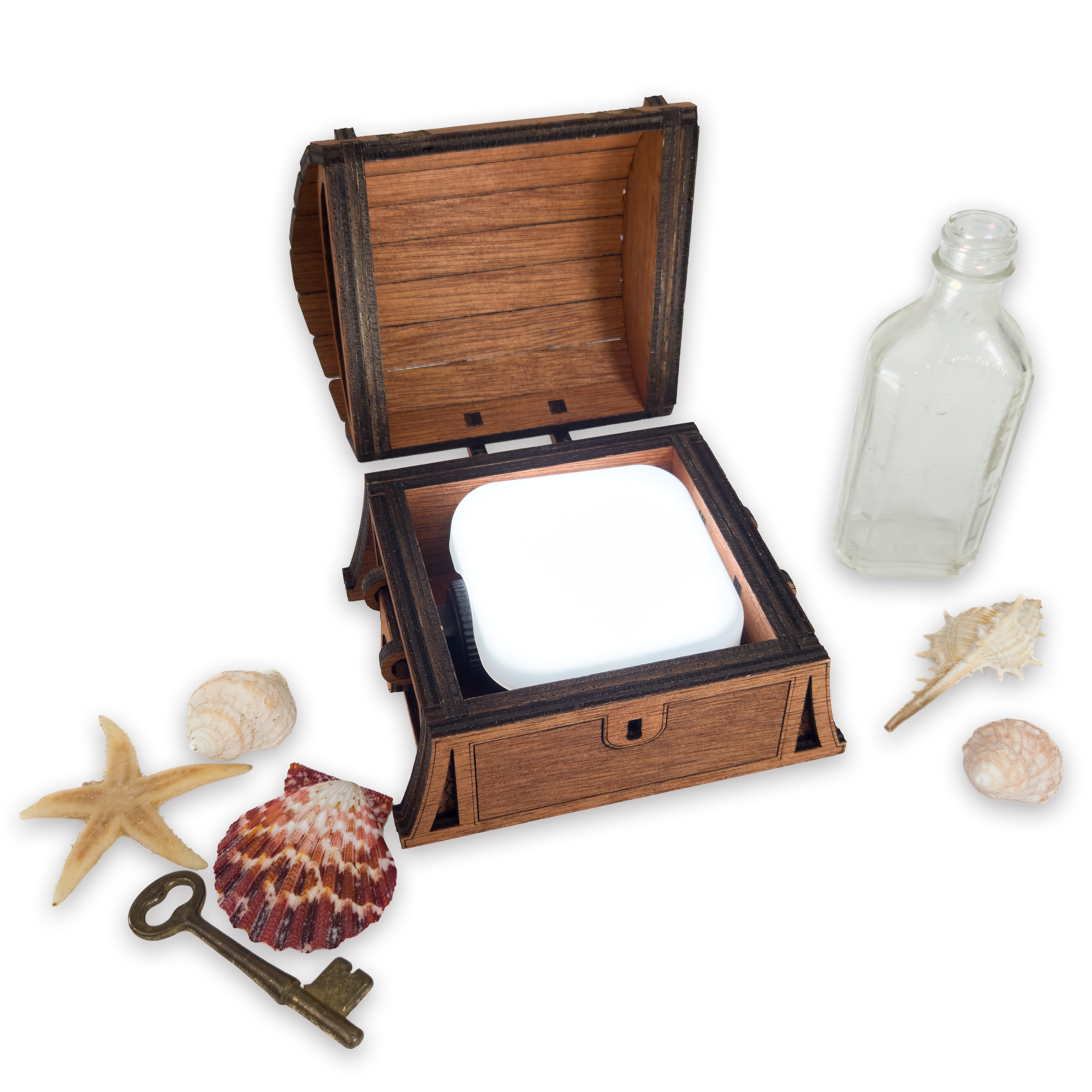 Laser-cut fantasy treasure chest, cherry-finished birch plywood