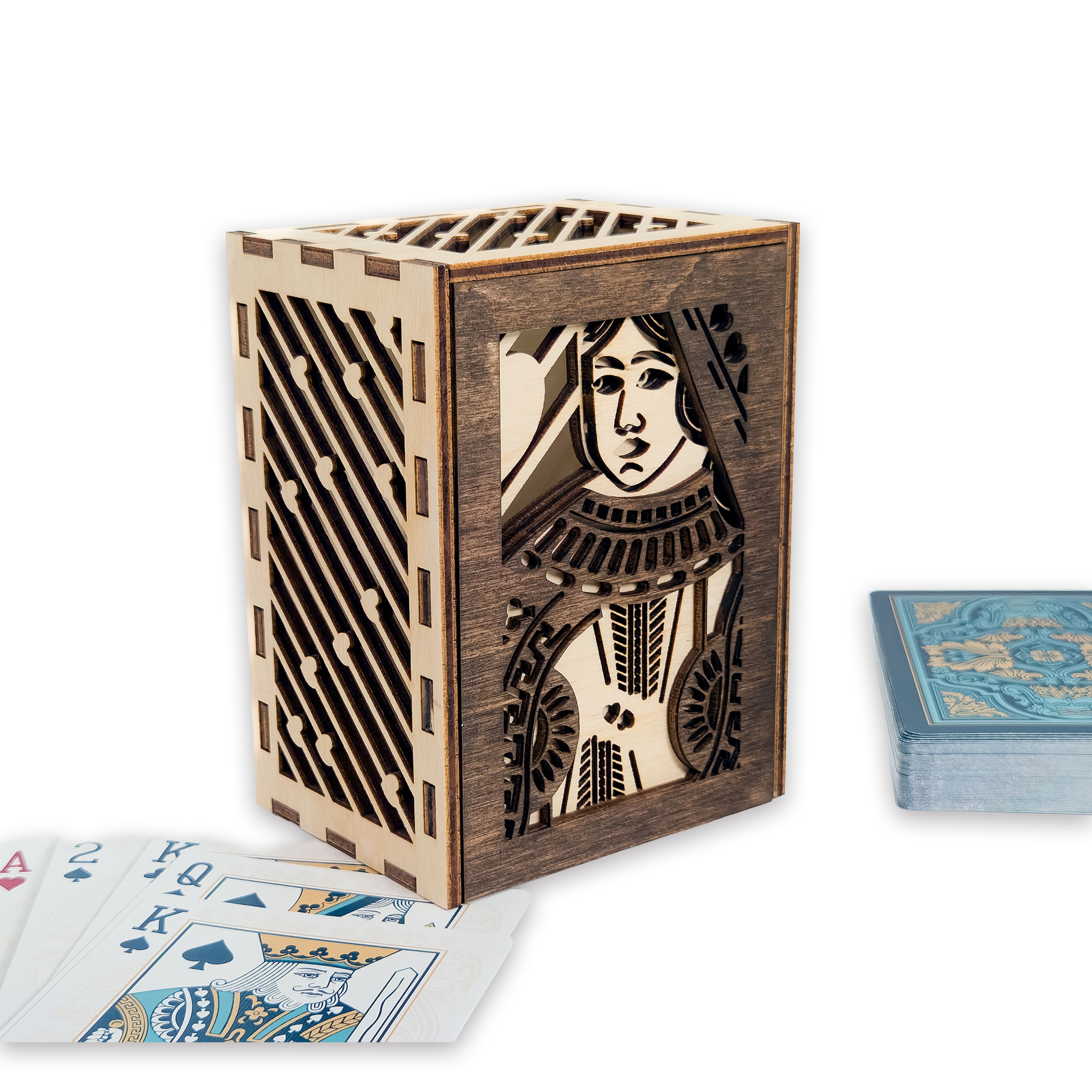 Laser-cut queen of hearts poker card box, walnut & maple birch plywood