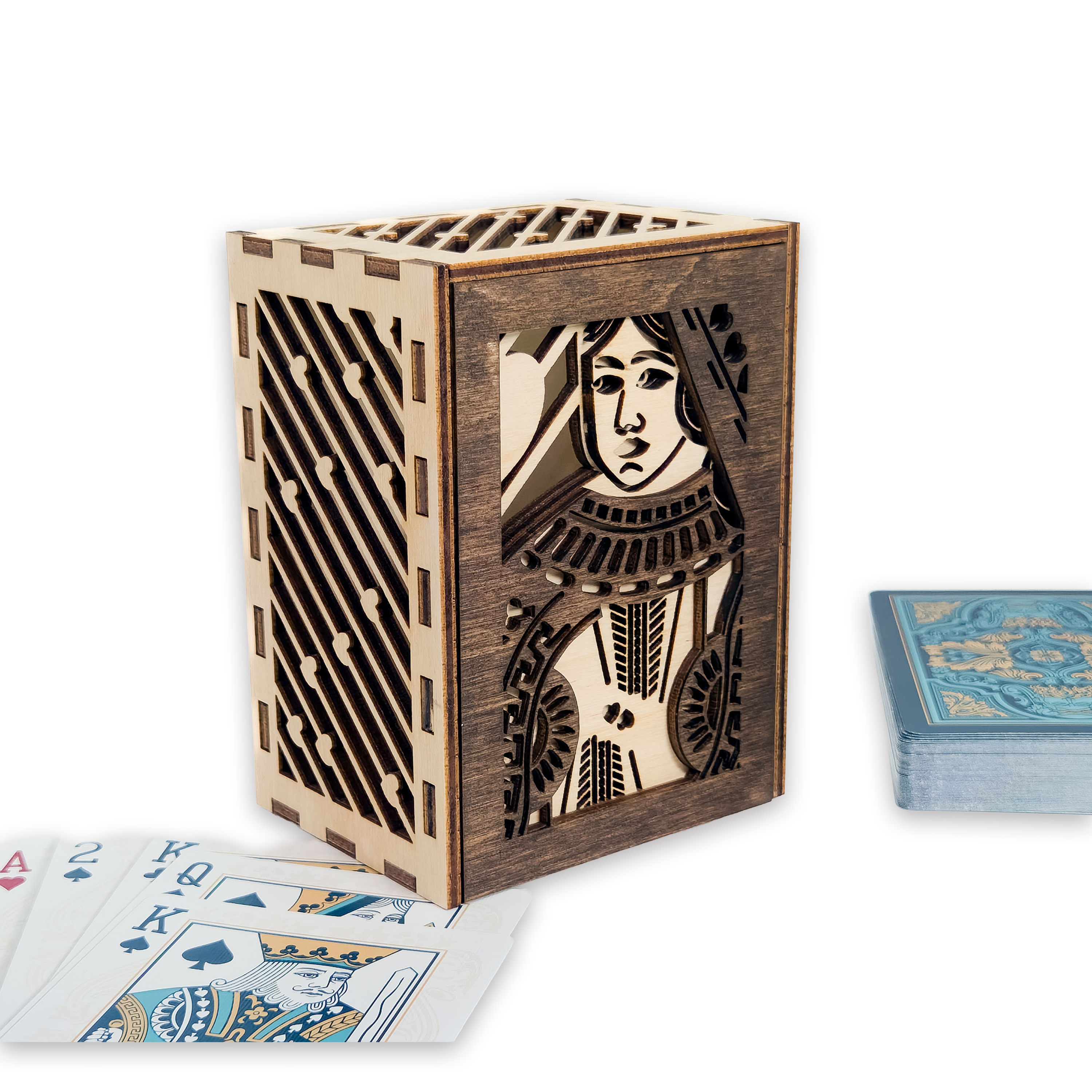 Laser-cut queen of hearts poker card box, walnut & maple birch plywood