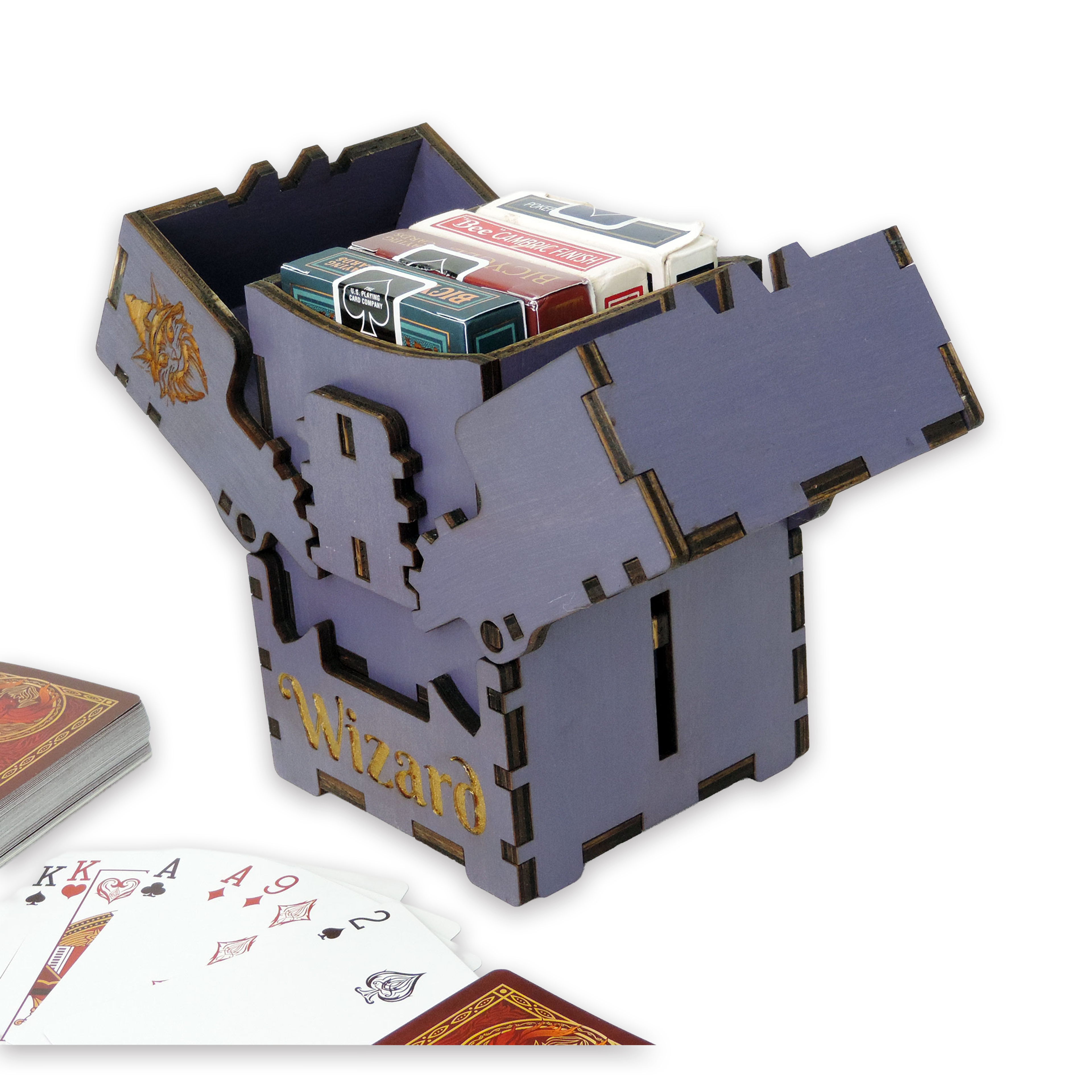 Laser-cut wizard box, purple-painted birch plywood