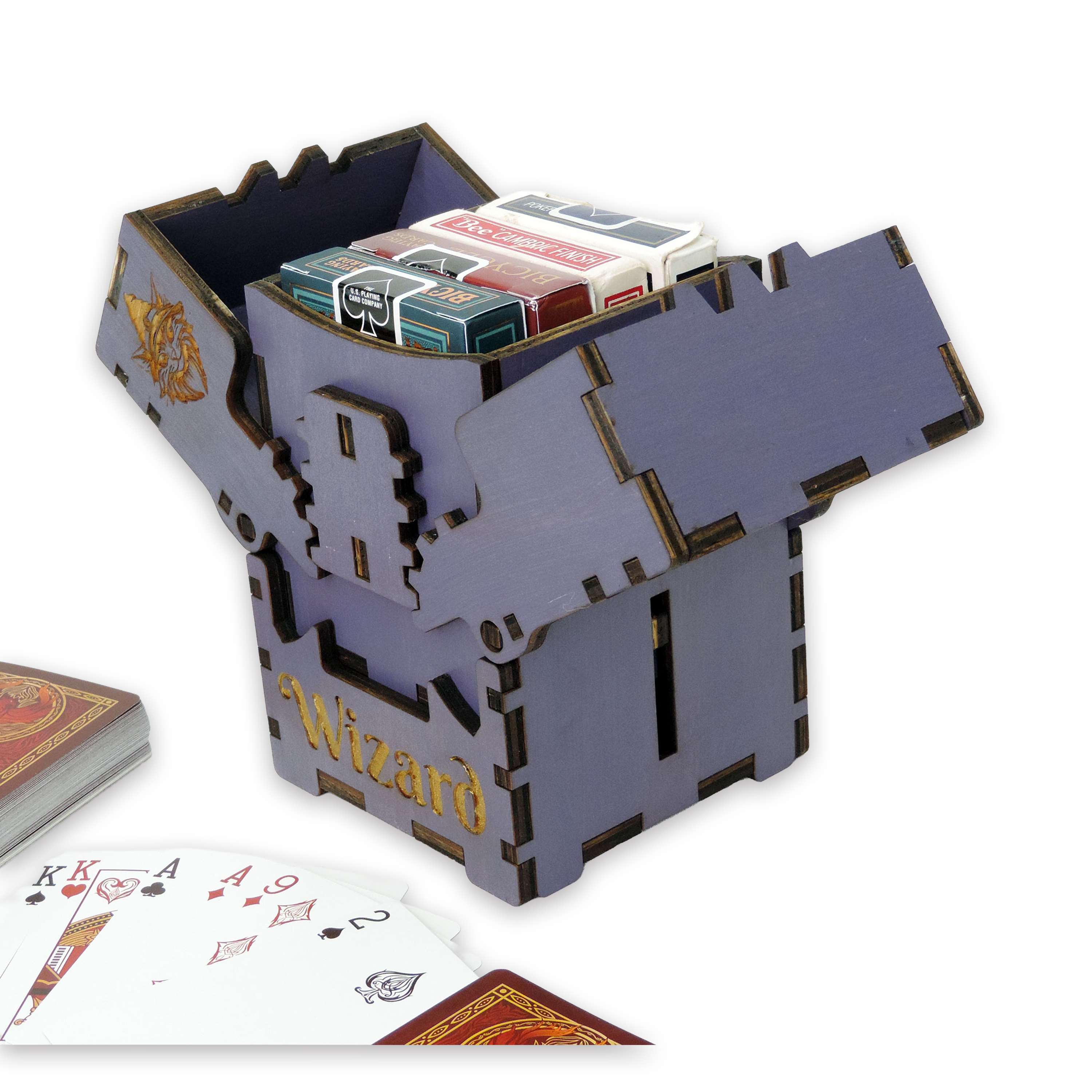 Laser-cut wizard box, purple-painted birch plywood