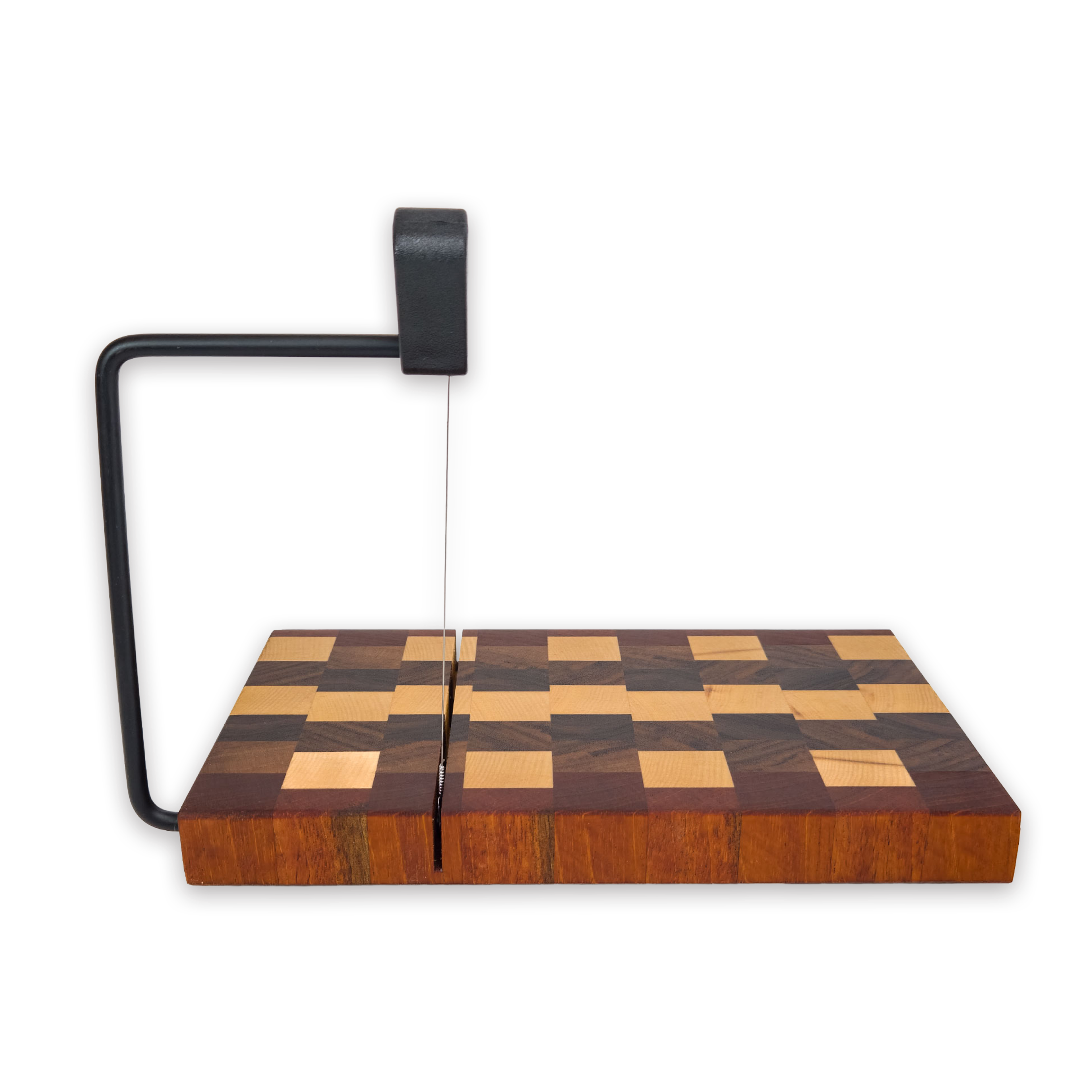 End grain maple, walnut & cherry cheese slicer board with wire cutter, oiled hardwood