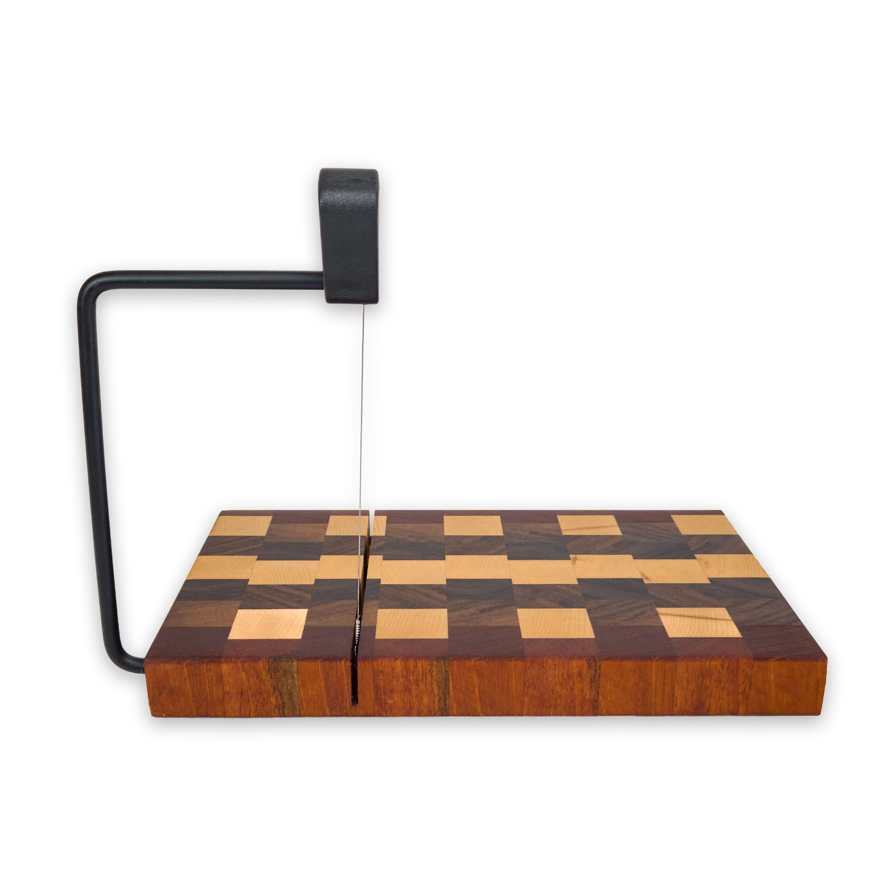 End grain maple, walnut & cherry cheese slicer board with wire cutter, oiled hardwood