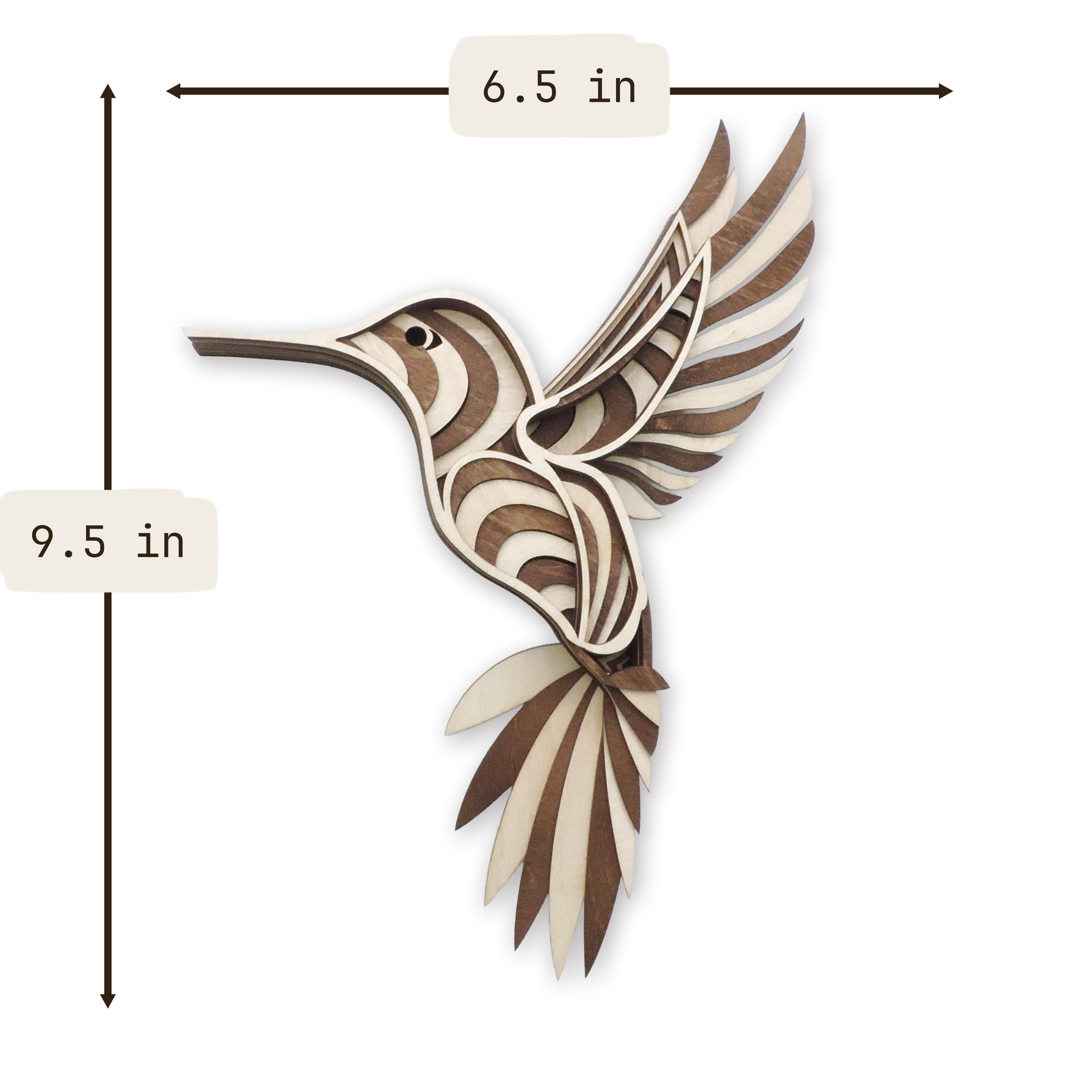 Multilayer 3D laser-cut hummingbird wall art, Baltic Birch Plywood — right-facing, small (6.5 × 9.5 in)