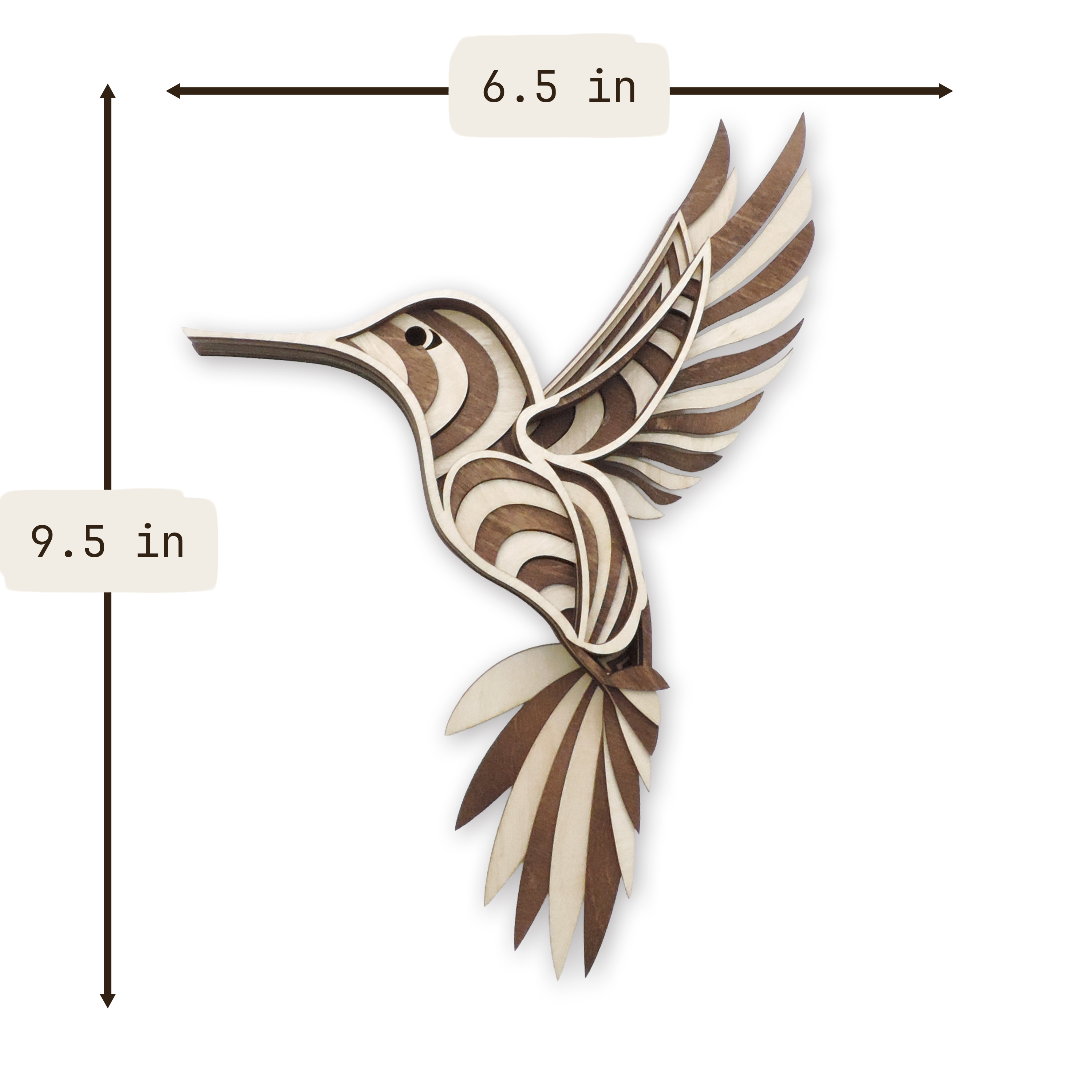 Multilayer 3D laser-cut hummingbird wall art, Baltic Birch Plywood — right-facing, small (6.5 × 9.5 in)