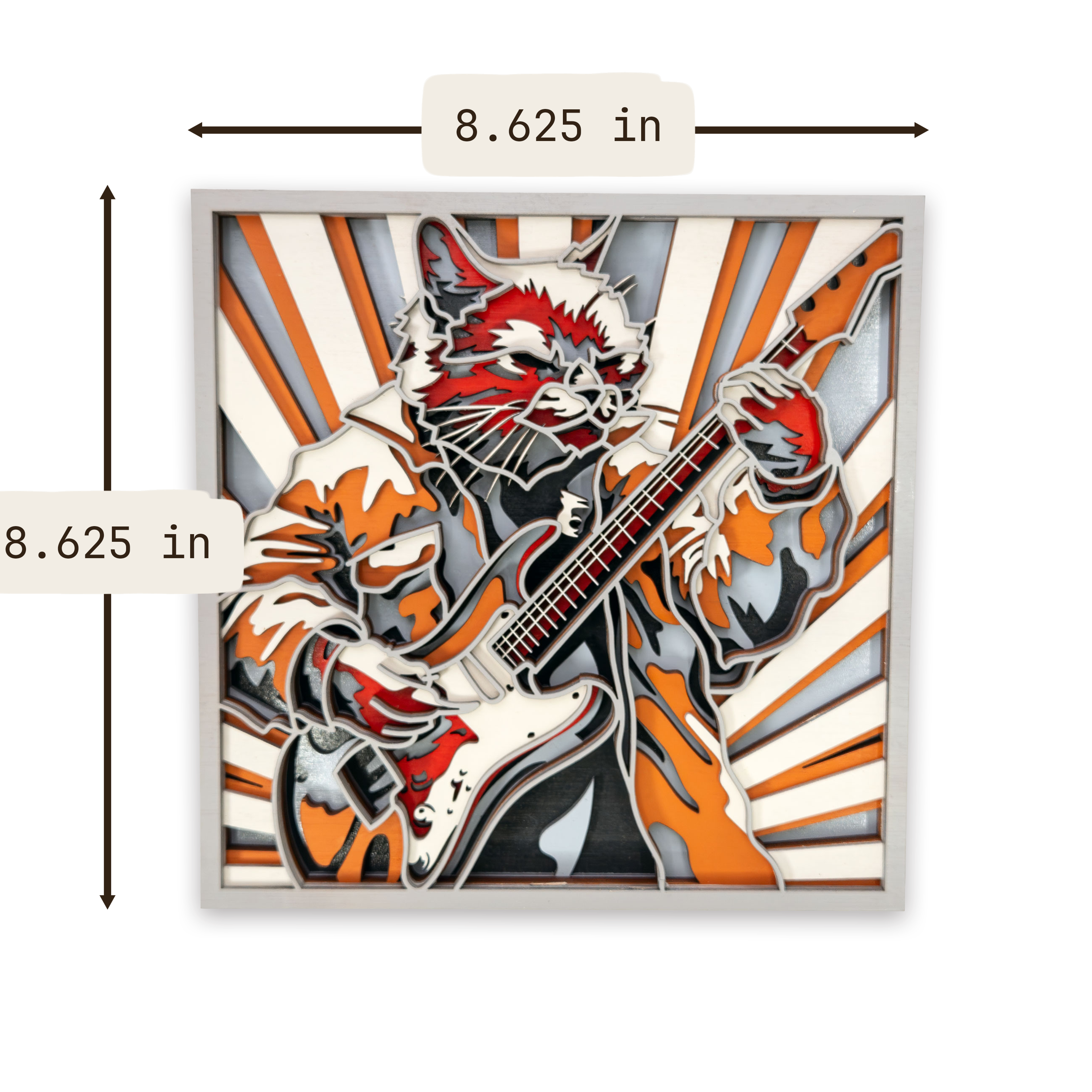 Multilayer 3D laser-cut guitar cat wall art, Baltic Birch Plywood