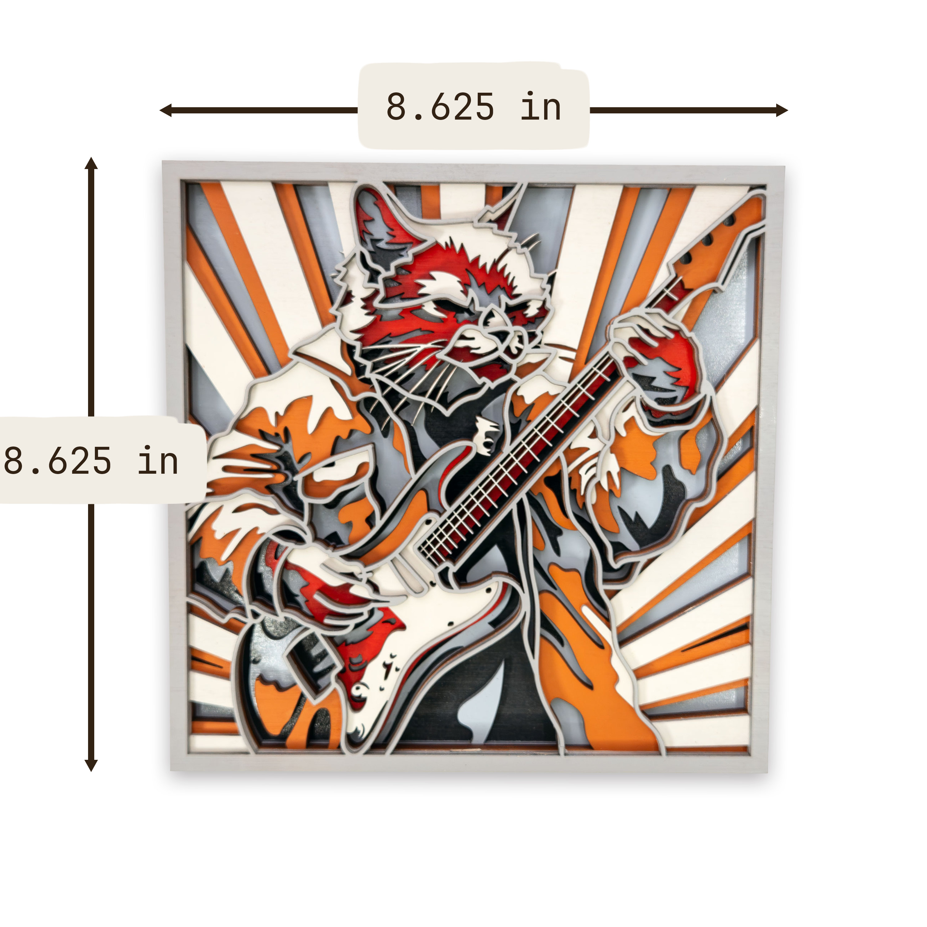 Multilayer 3D laser-cut guitar cat wall art, Baltic Birch Plywood