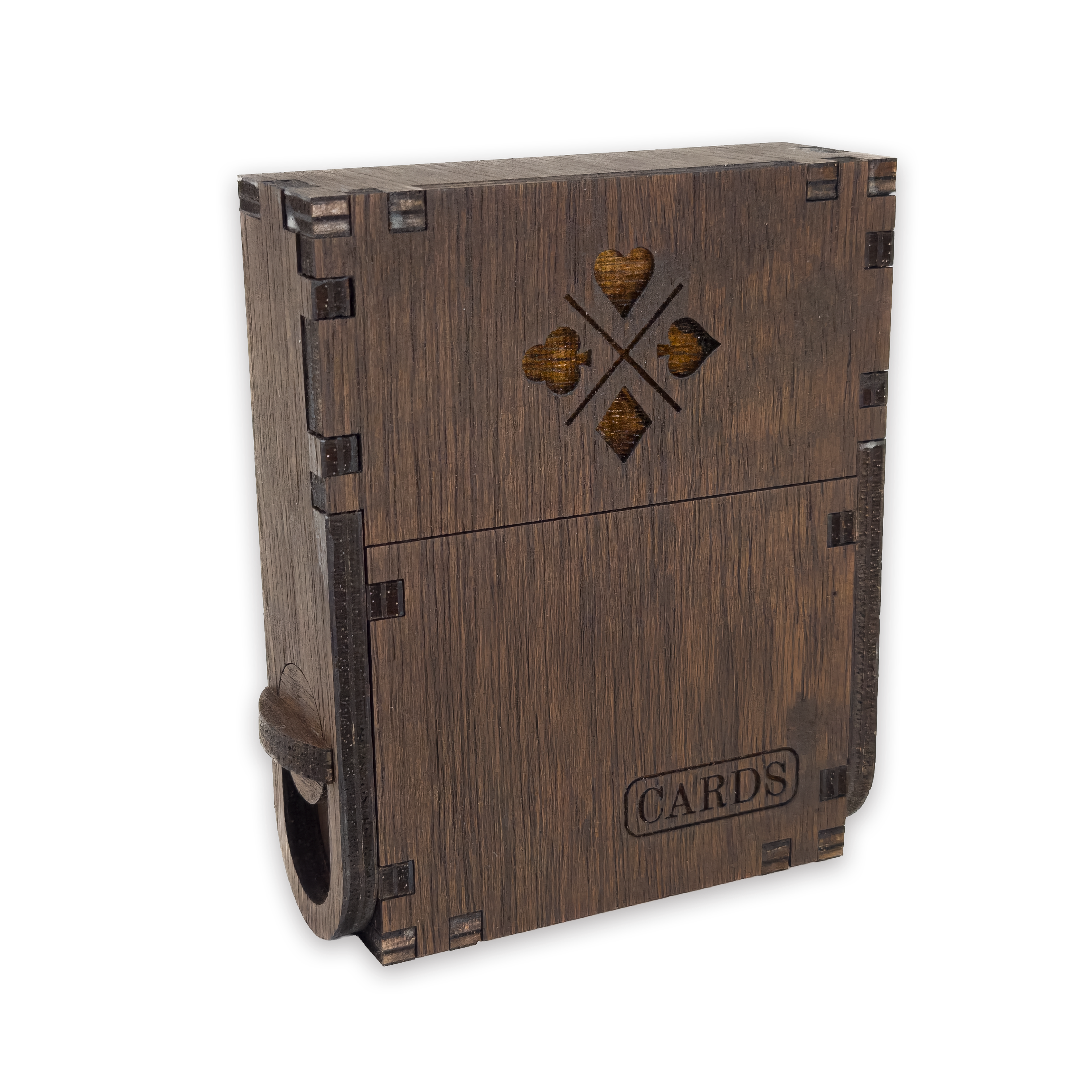 Laser-cut playing card box, dark-walnut-stained birch plywood — as shown (3.5 × 4 in)