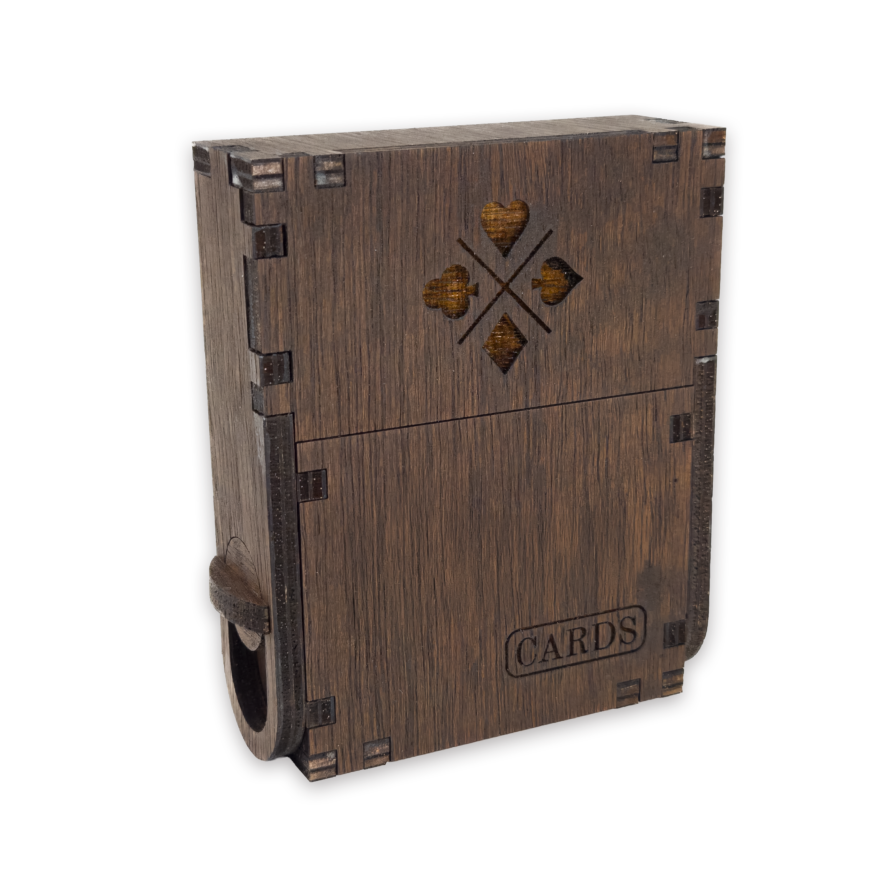 Laser-cut playing card box, dark-walnut-stained birch plywood — as shown (3.5 × 4 in)