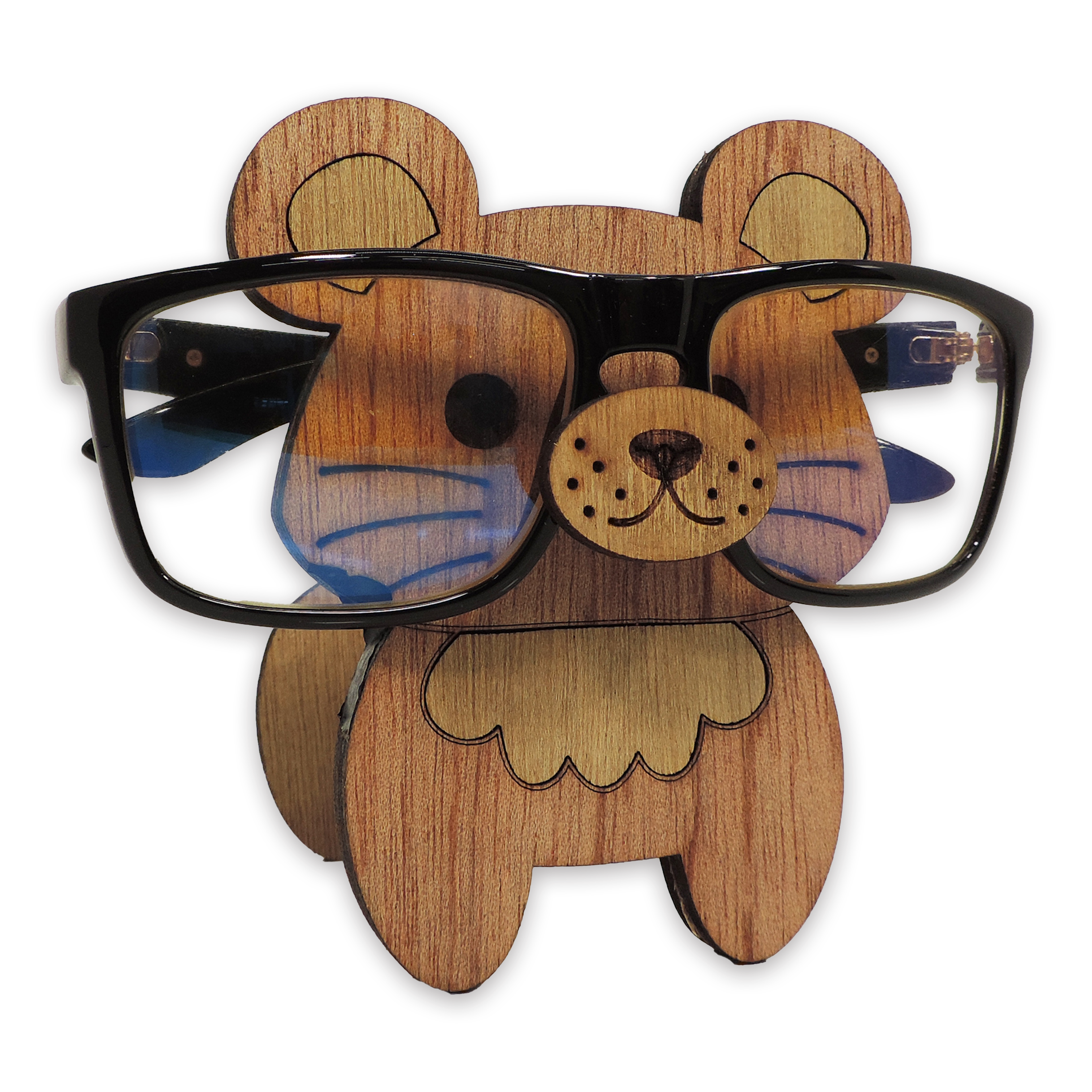 Laser-cut mouse glasses holder, 5 mm plywood — cherry, blank (3.5 × 5 in)
