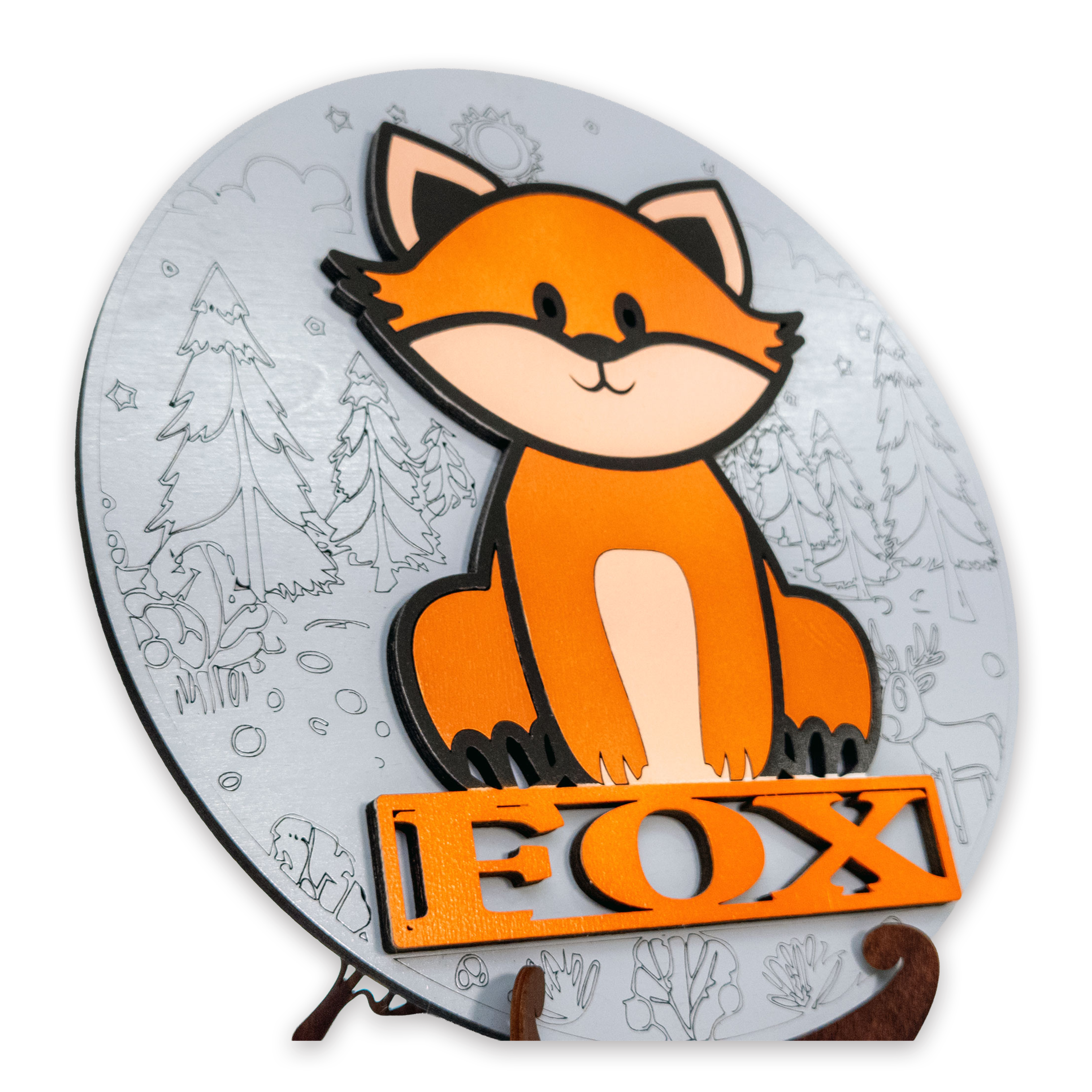 Multilayer 3D laser-cut fox name sign wall art, Baltic Birch Plywood
