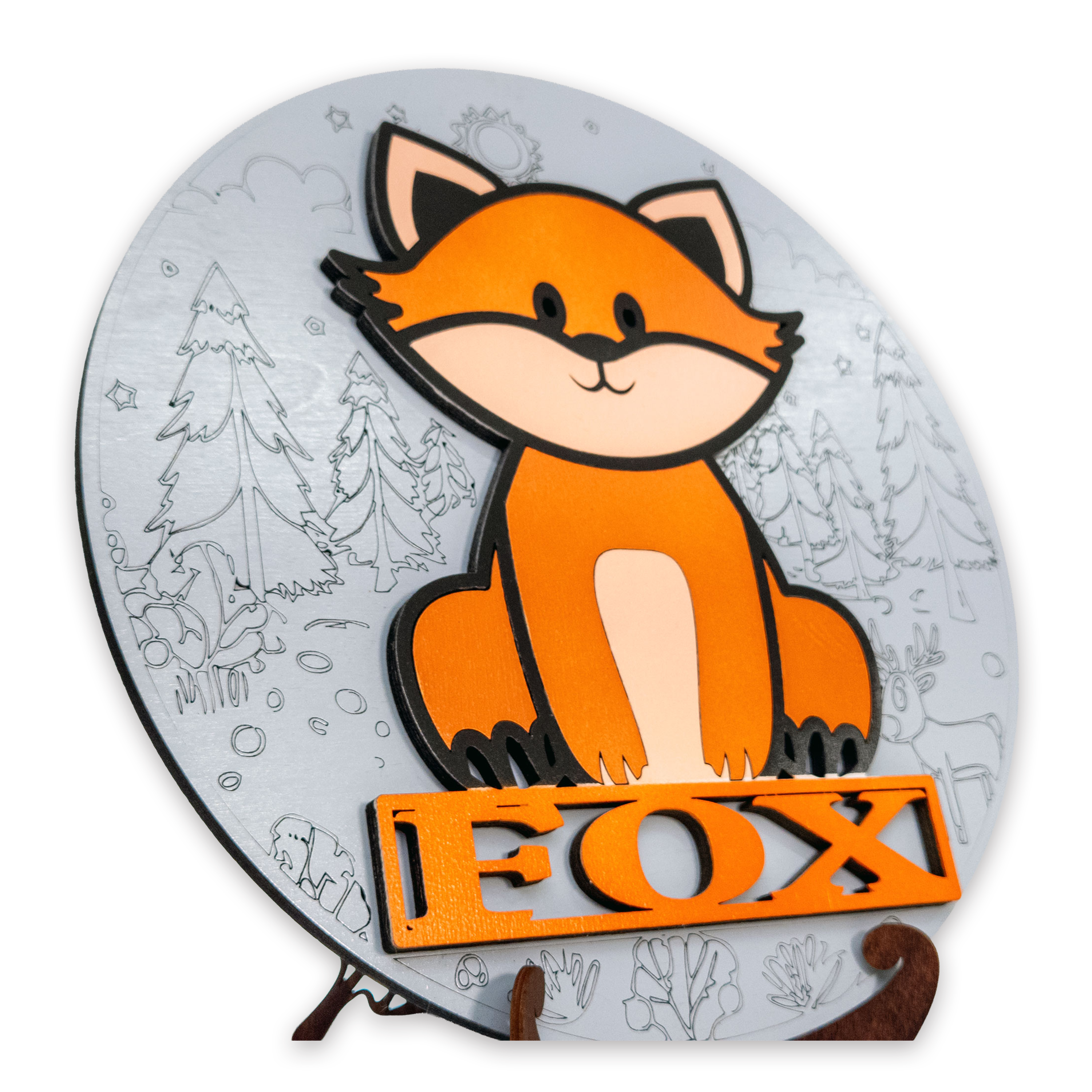 Multilayer 3D laser-cut fox name sign wall art, Baltic Birch Plywood