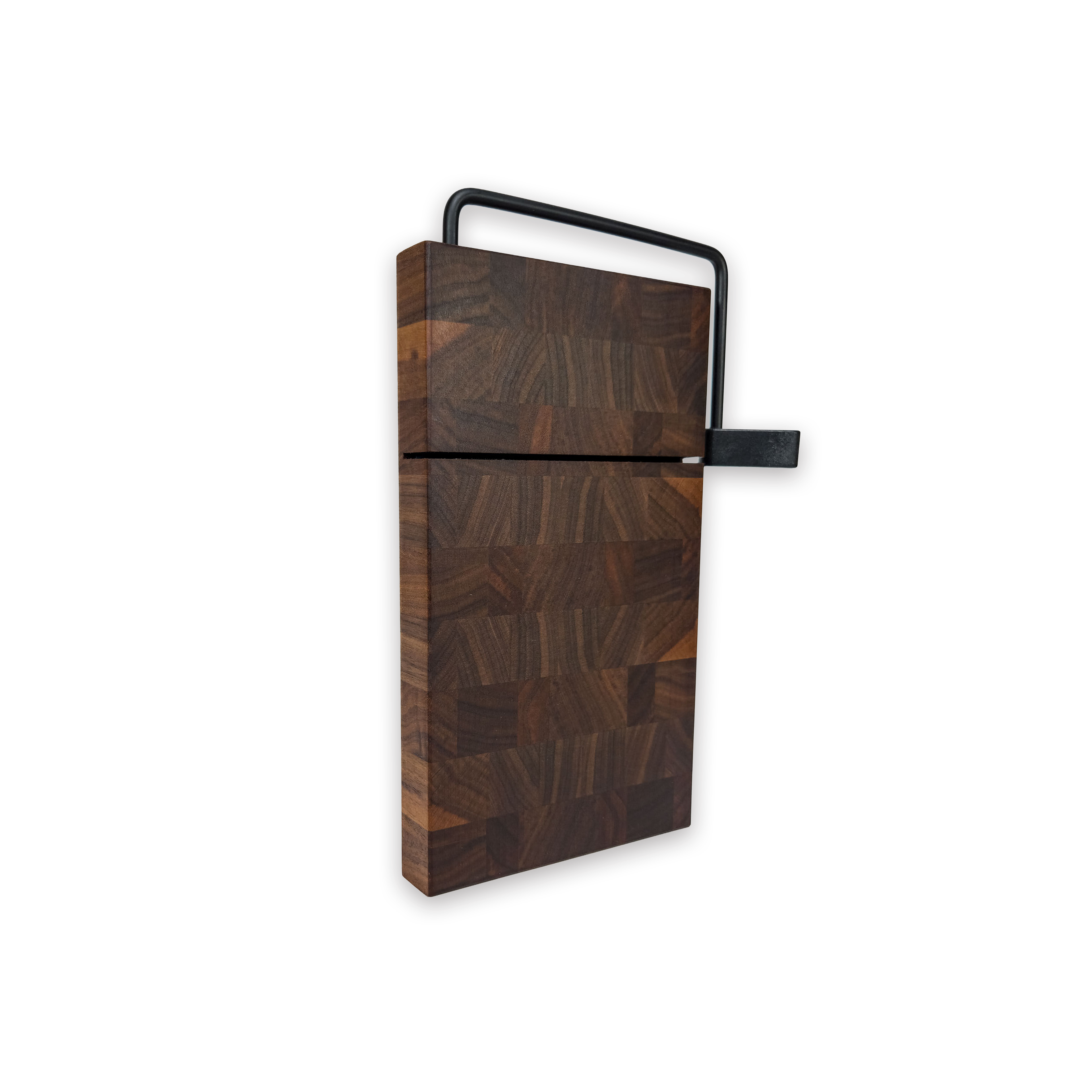 End grain solid walnut cheese slicer board with wire cutter, oiled hardwood
