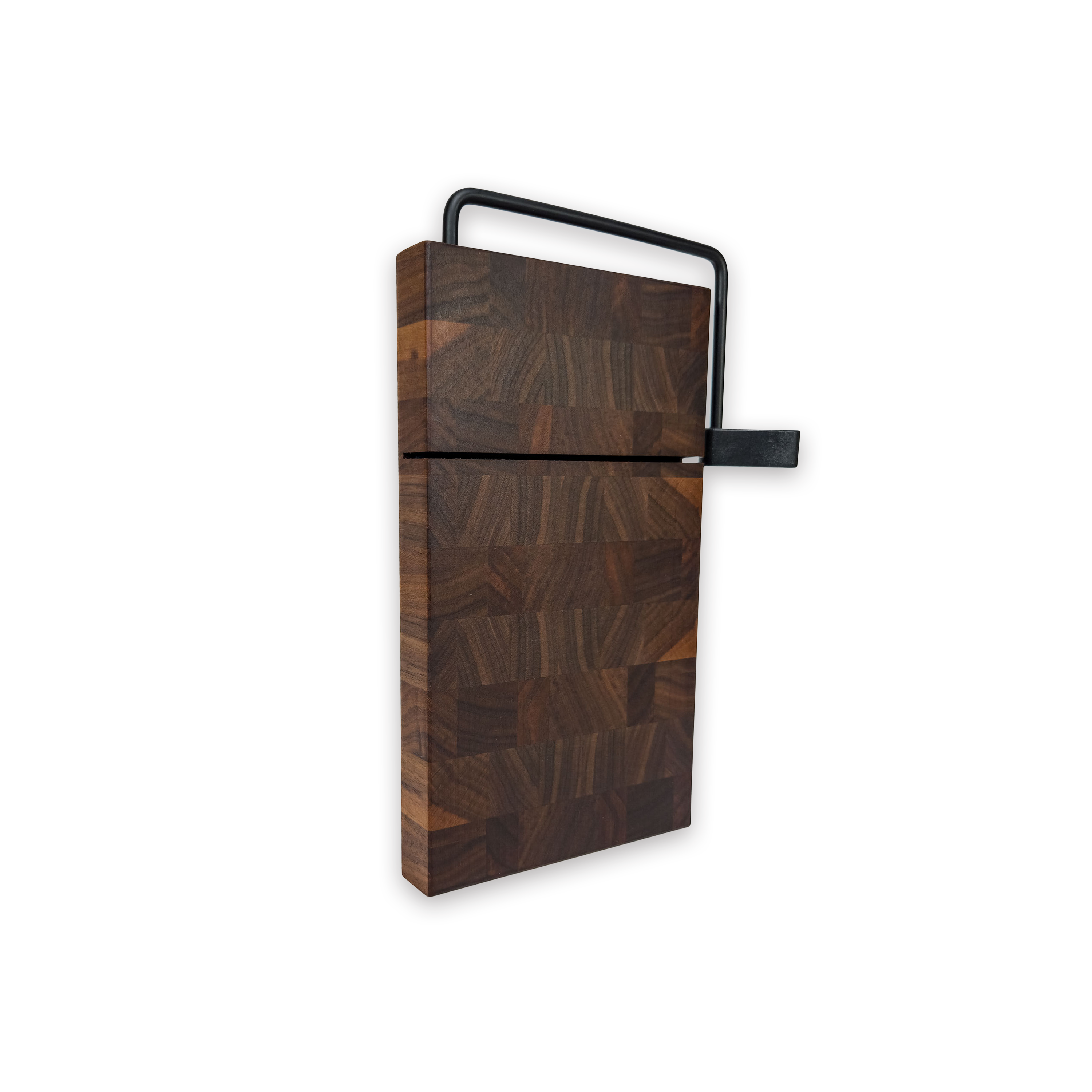 End grain solid walnut cheese slicer board with wire cutter, oiled hardwood