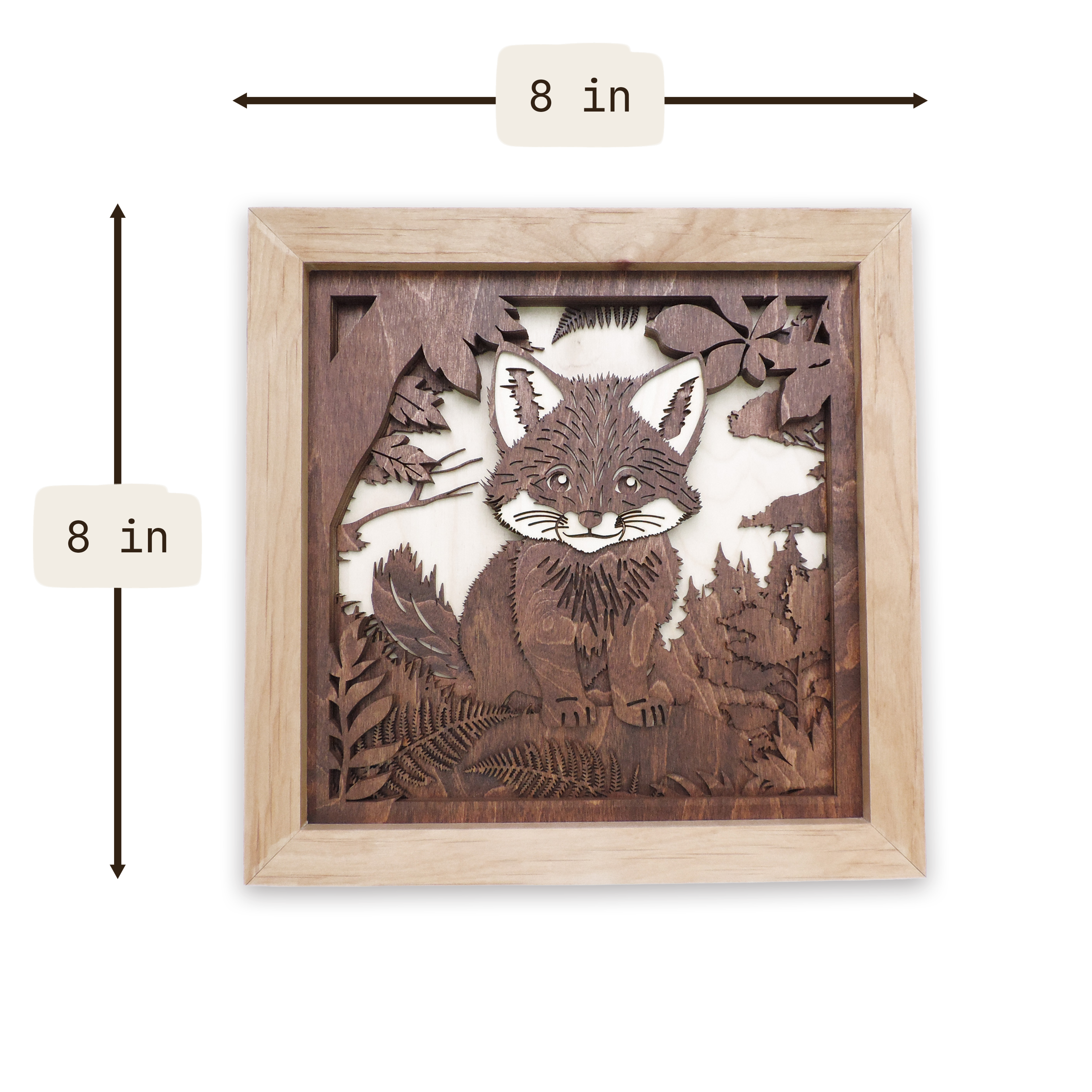 Multilayer 3D laser-cut baby fox wall art, Baltic Birch Plywood — small (8 × 8 in)