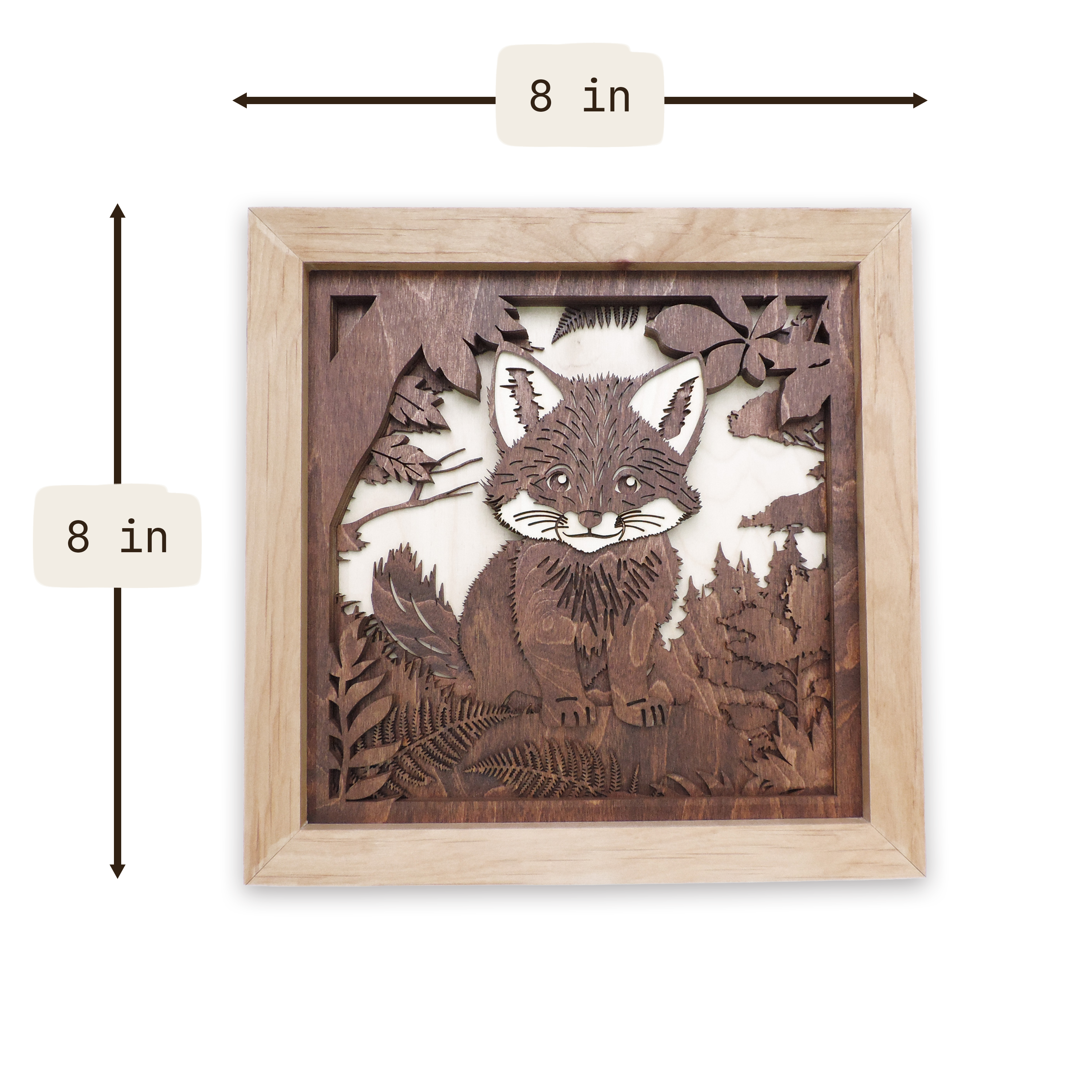 Multilayer 3D laser-cut baby fox wall art, Baltic Birch Plywood — small (8 × 8 in)