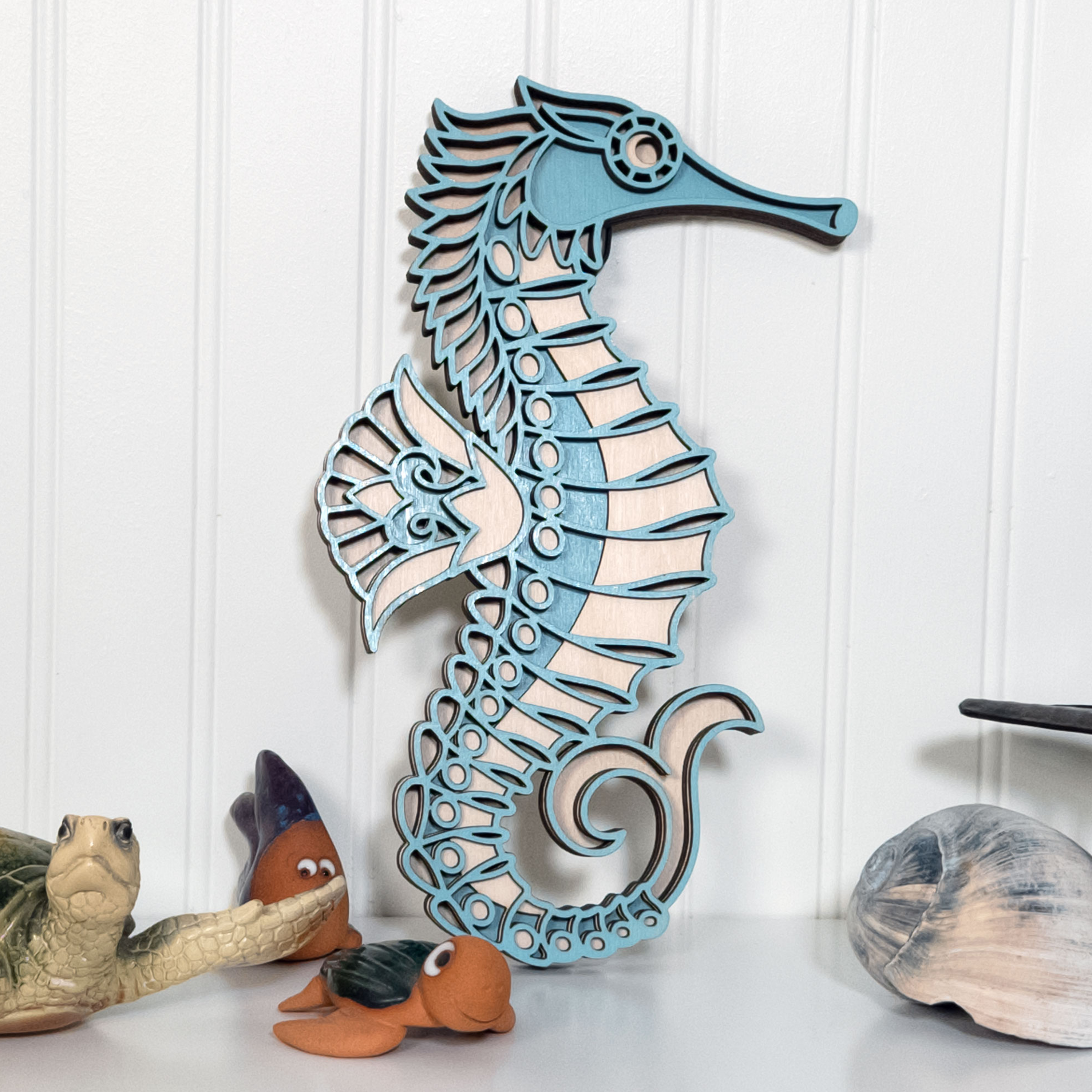 Multilayer 3D laser-cut seahorse wall art, Baltic Birch Plywood