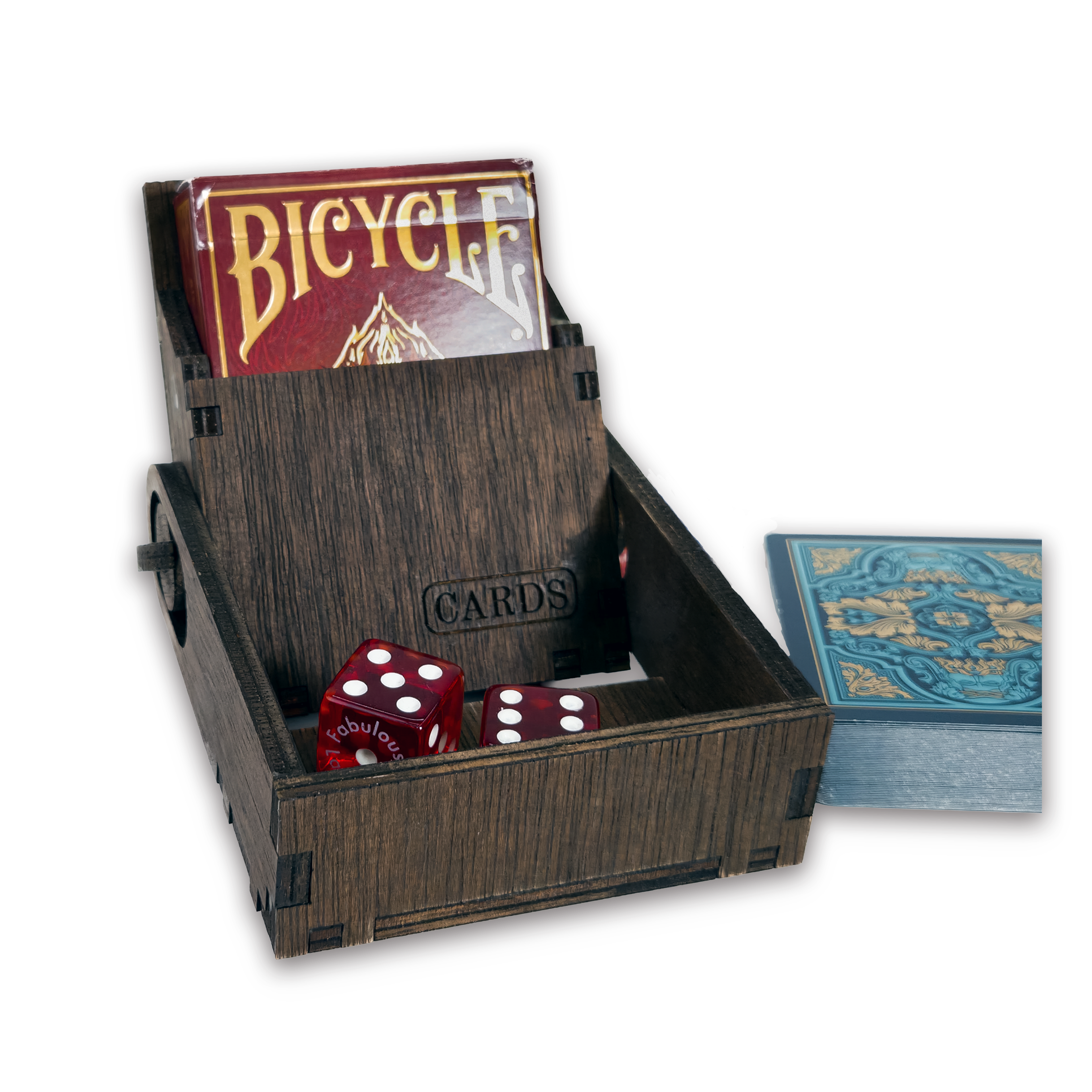 Laser-cut playing card box, dark-walnut-stained birch plywood — as shown (3.5 × 4 in)