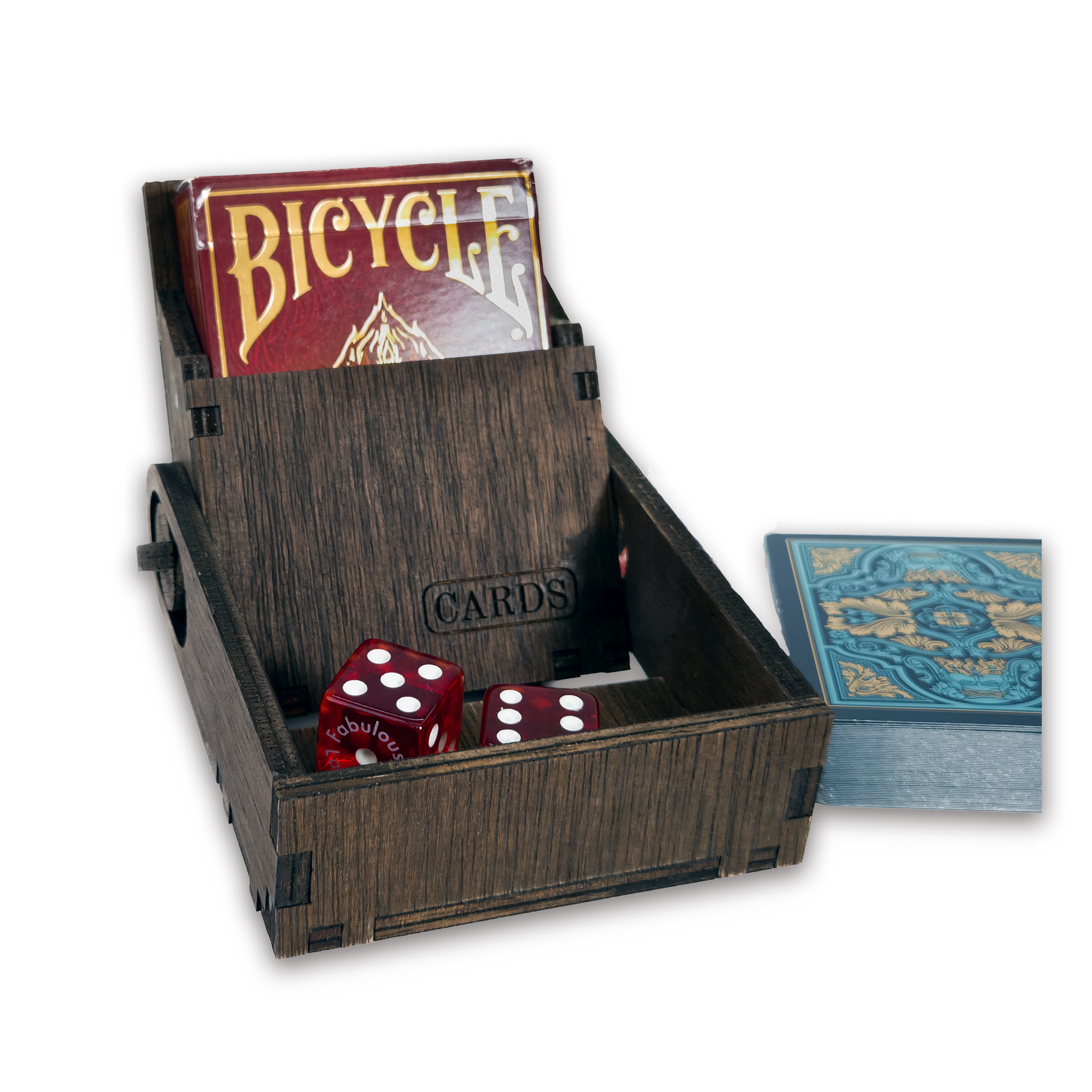 Laser-cut playing card box, dark-walnut-stained birch plywood — as shown (3.5 × 4 in)