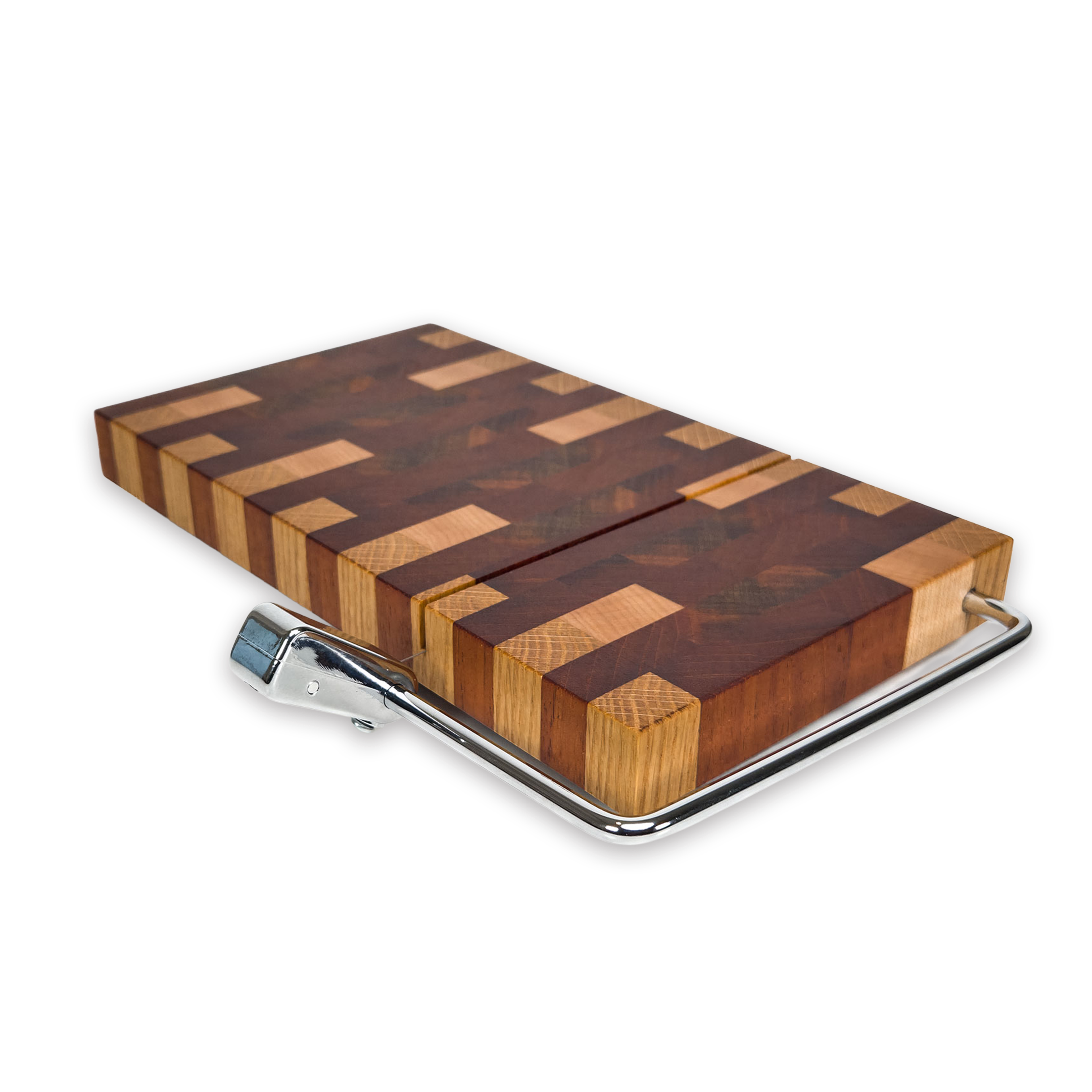 End grain oak, walnut & cherry mosaic cheese slicer board with wire cutter, oiled hardwood