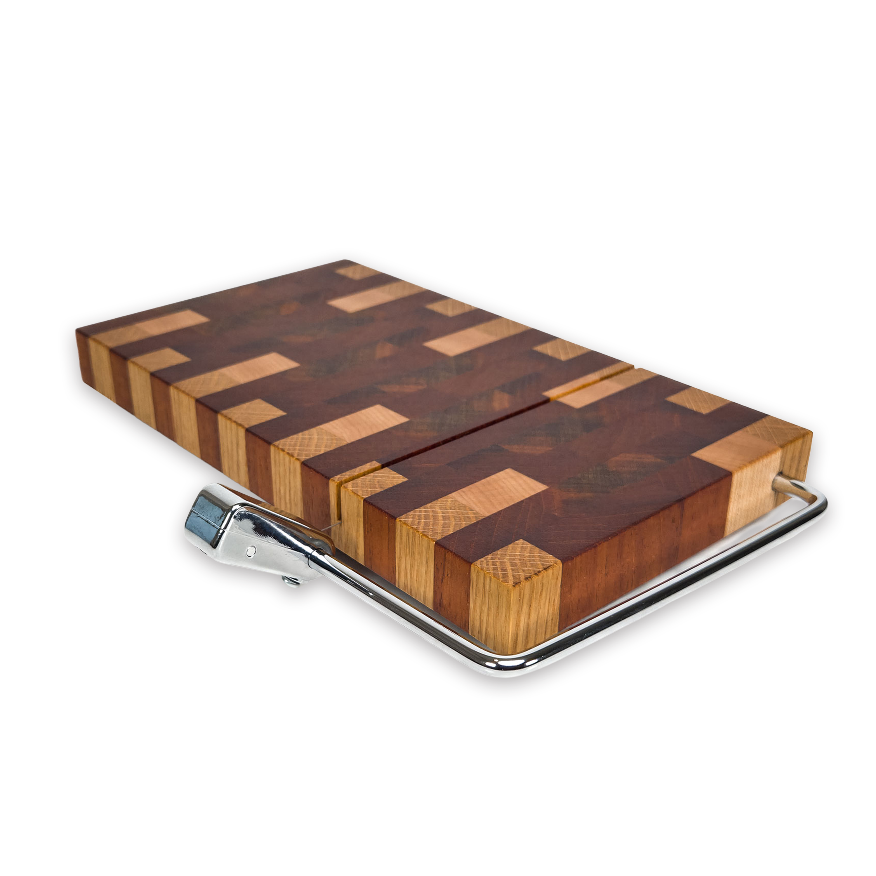 End grain oak, walnut & cherry mosaic cheese slicer board with wire cutter, oiled hardwood
