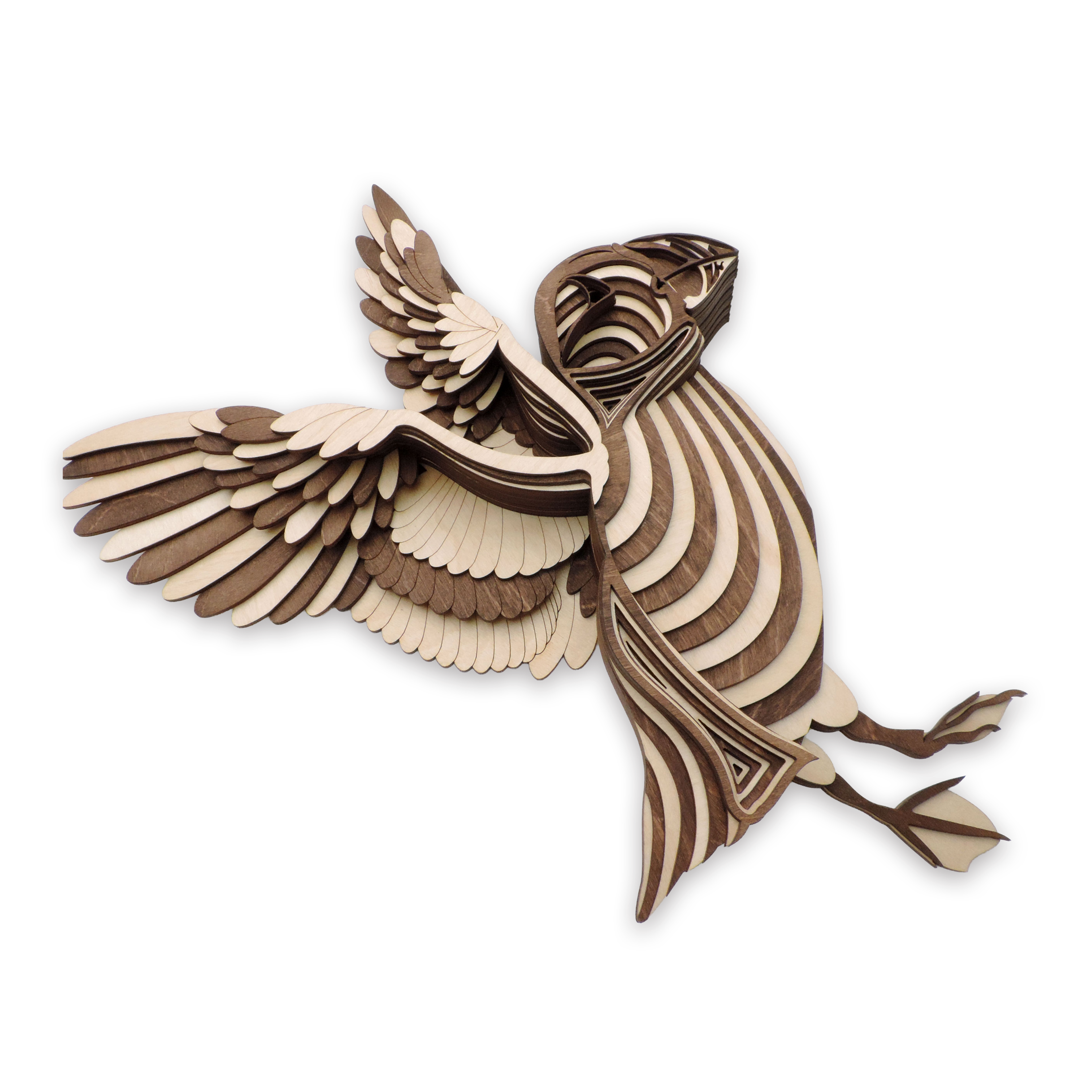 17-layer 3D laser-cut baby puffin wall art, Baltic Birch Plywood — walnut maple, small (11 × 9 in)