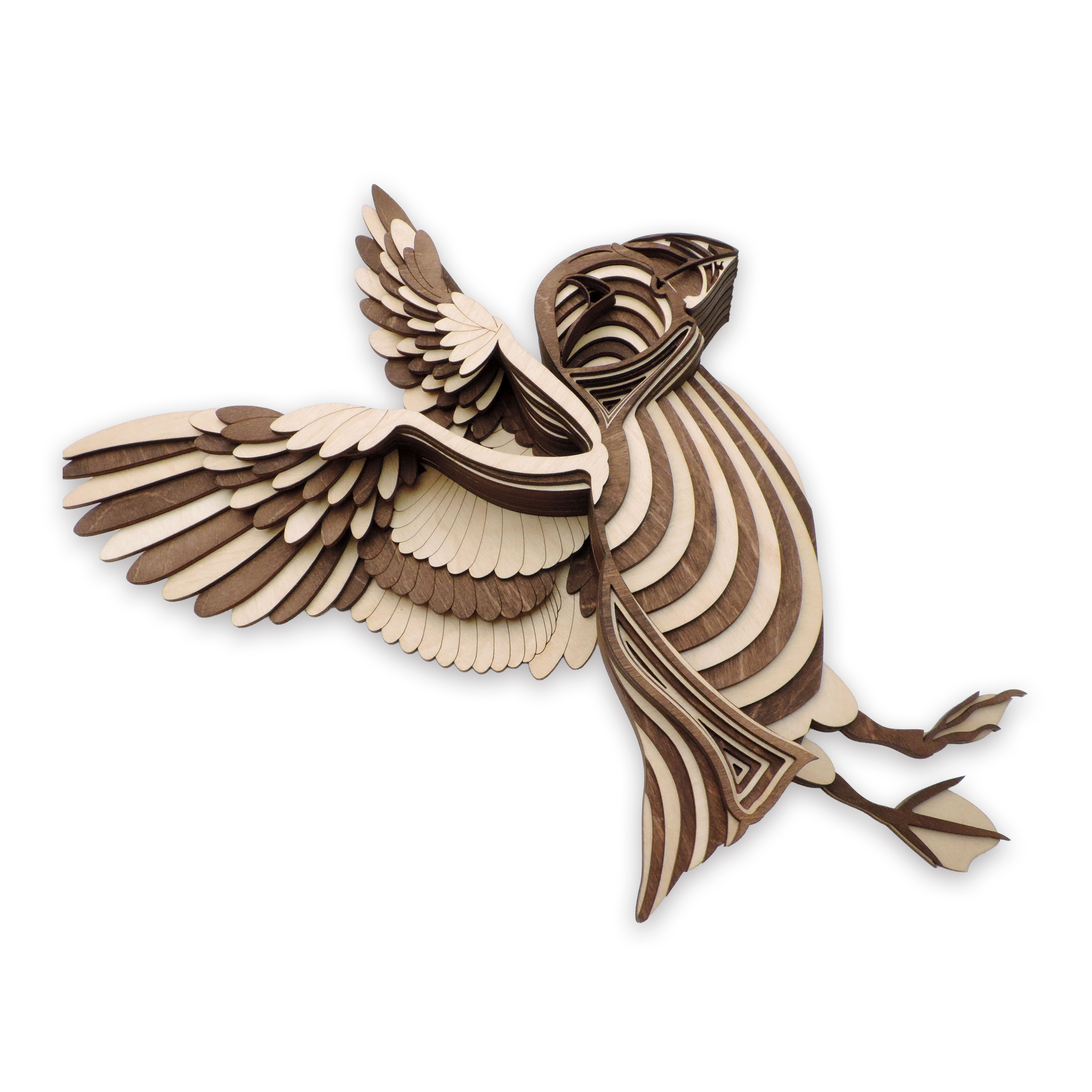 17-layer 3D laser-cut baby puffin wall art, Baltic Birch Plywood — walnut maple, small (11 × 9 in)
