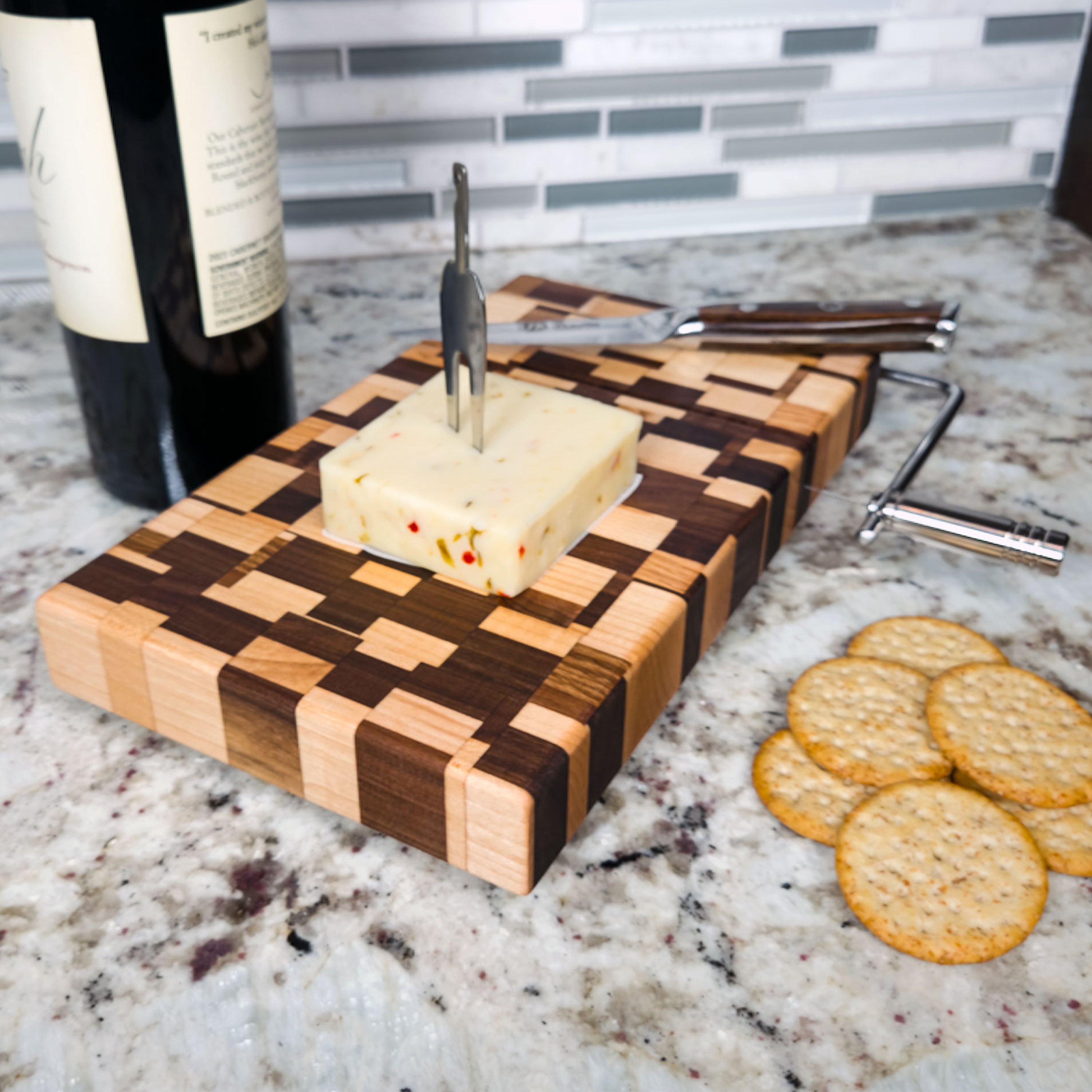 Edge grain maple & walnut cheese slicer board with wire cutter, oiled hardwood