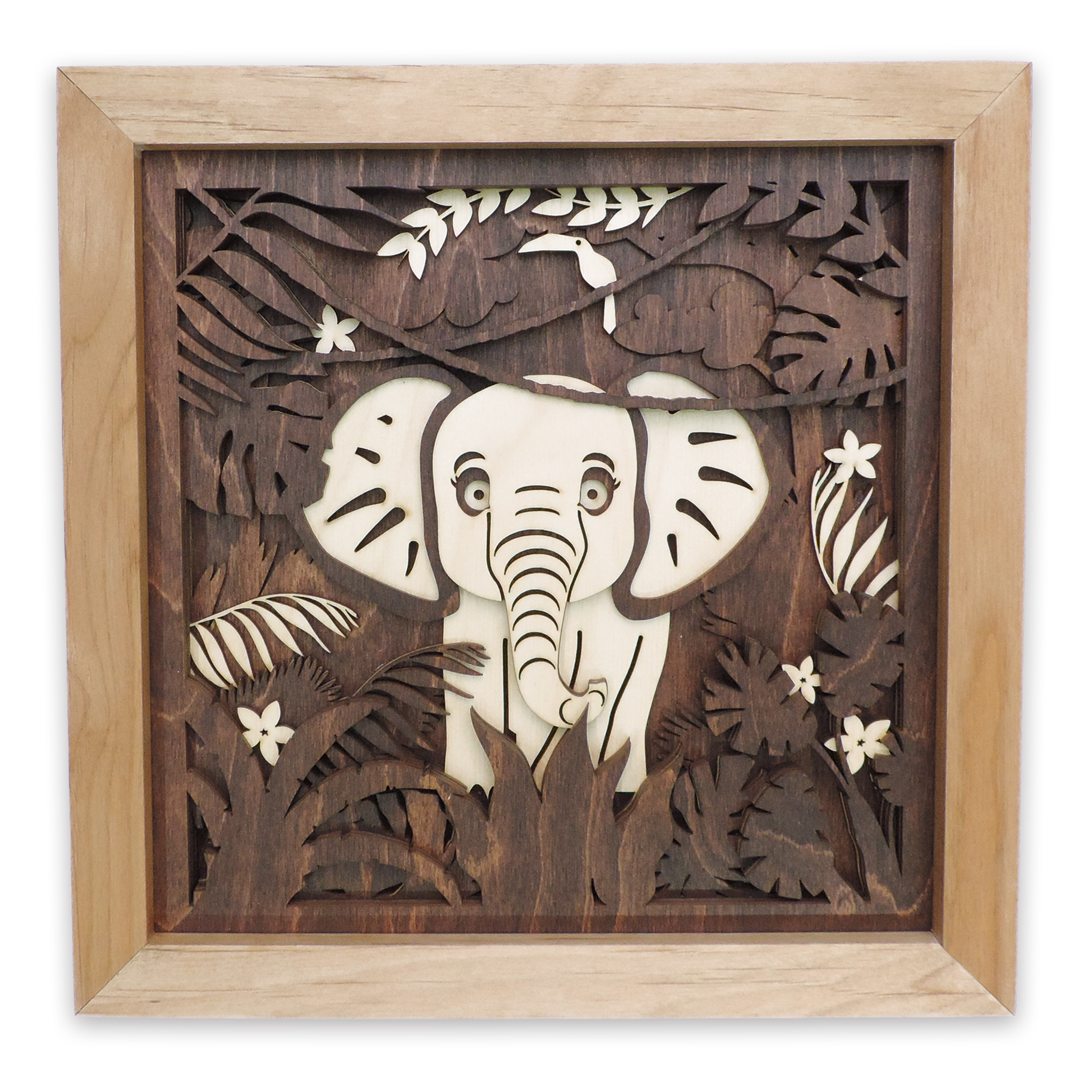 Multilayer 3D laser-cut baby elephant wall art, Baltic Birch Plywood