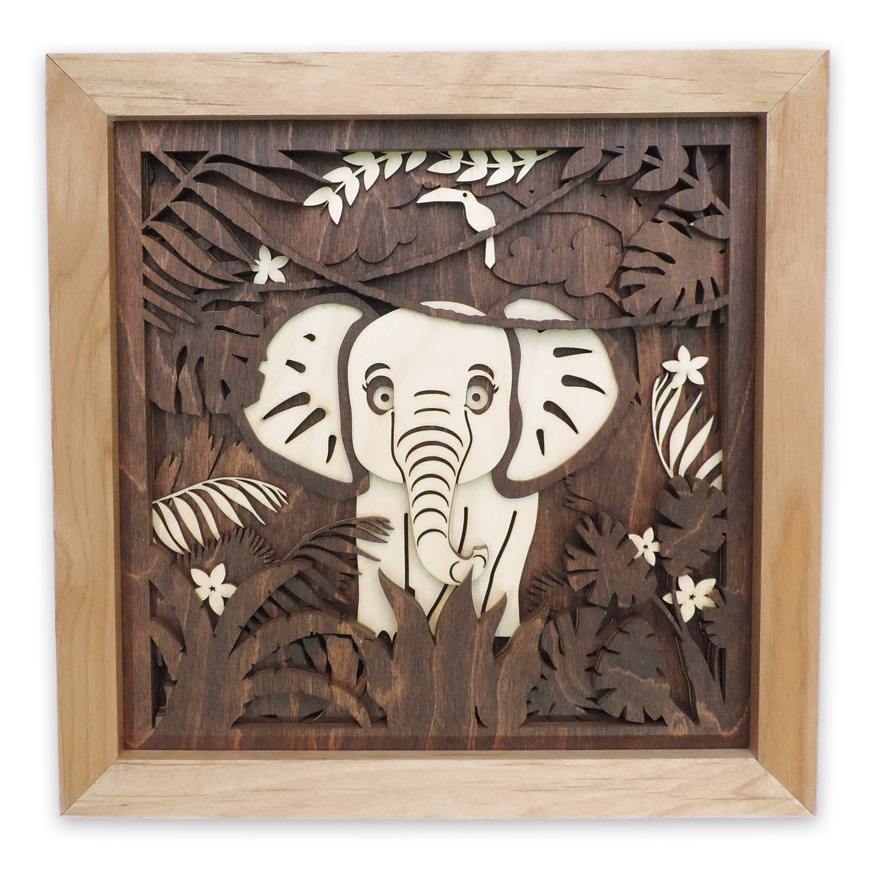 Multilayer 3D laser-cut baby elephant wall art, Baltic Birch Plywood