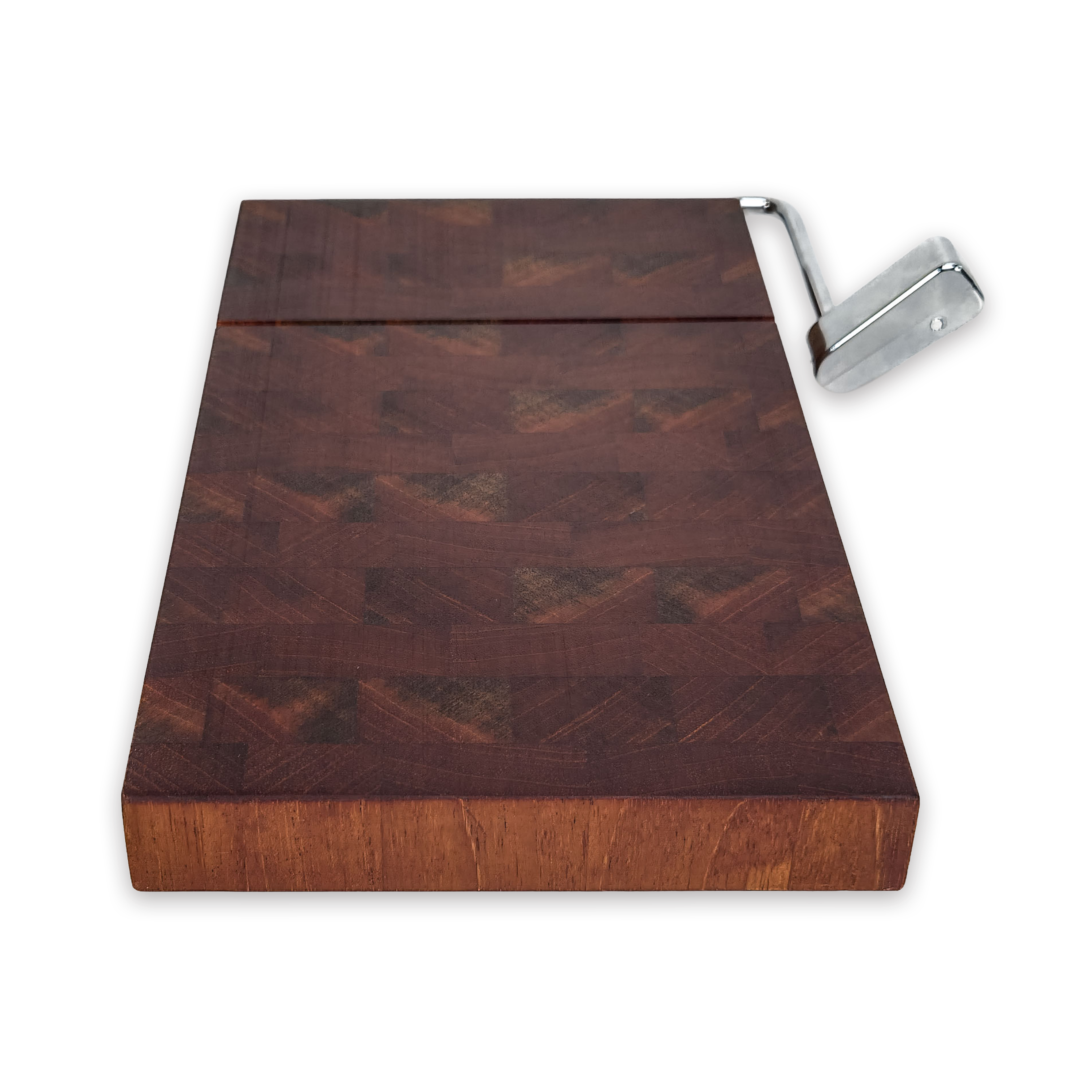 End grain walnut cheese slicer board with wire cutter, oiled hardwood