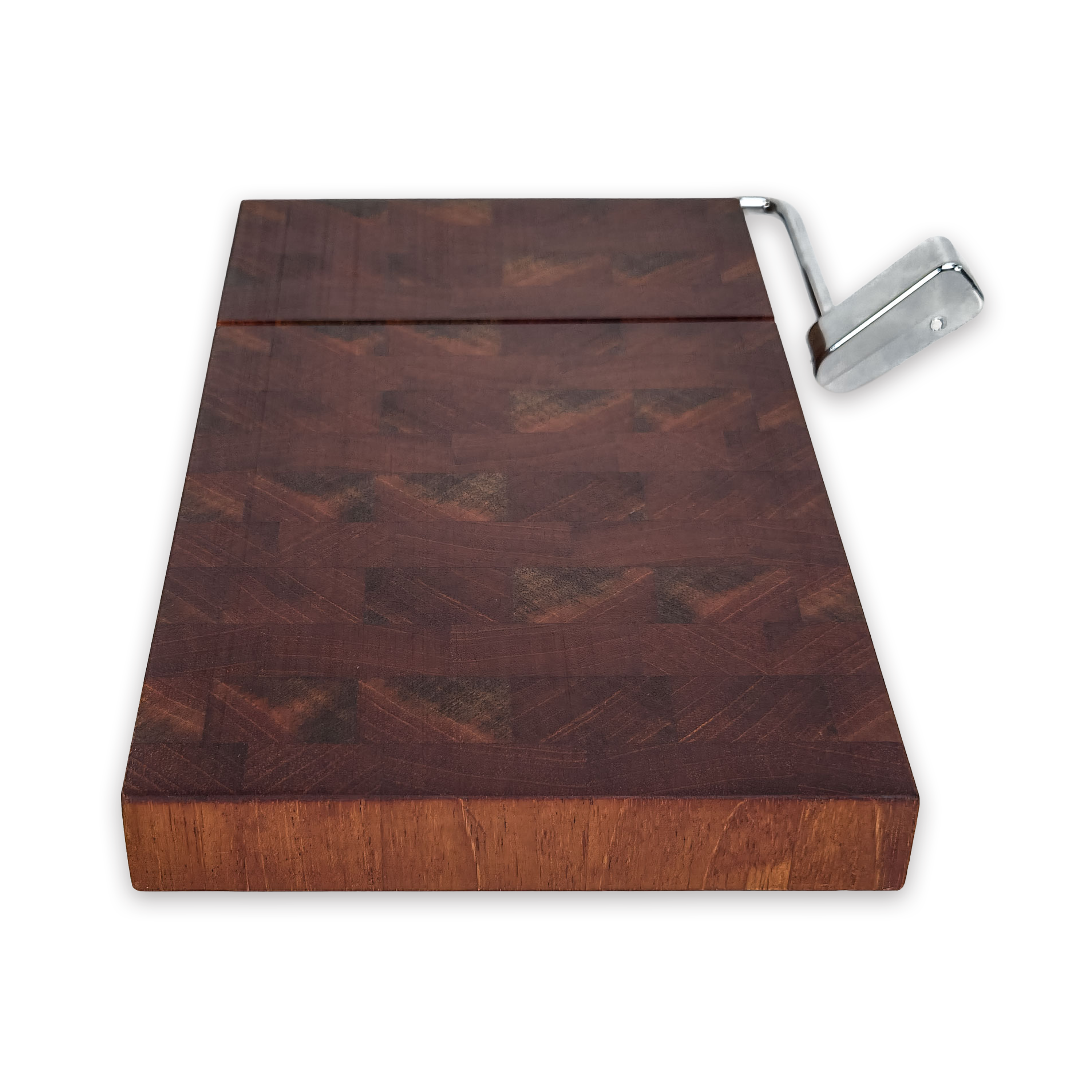 End grain walnut cheese slicer board with wire cutter, oiled hardwood