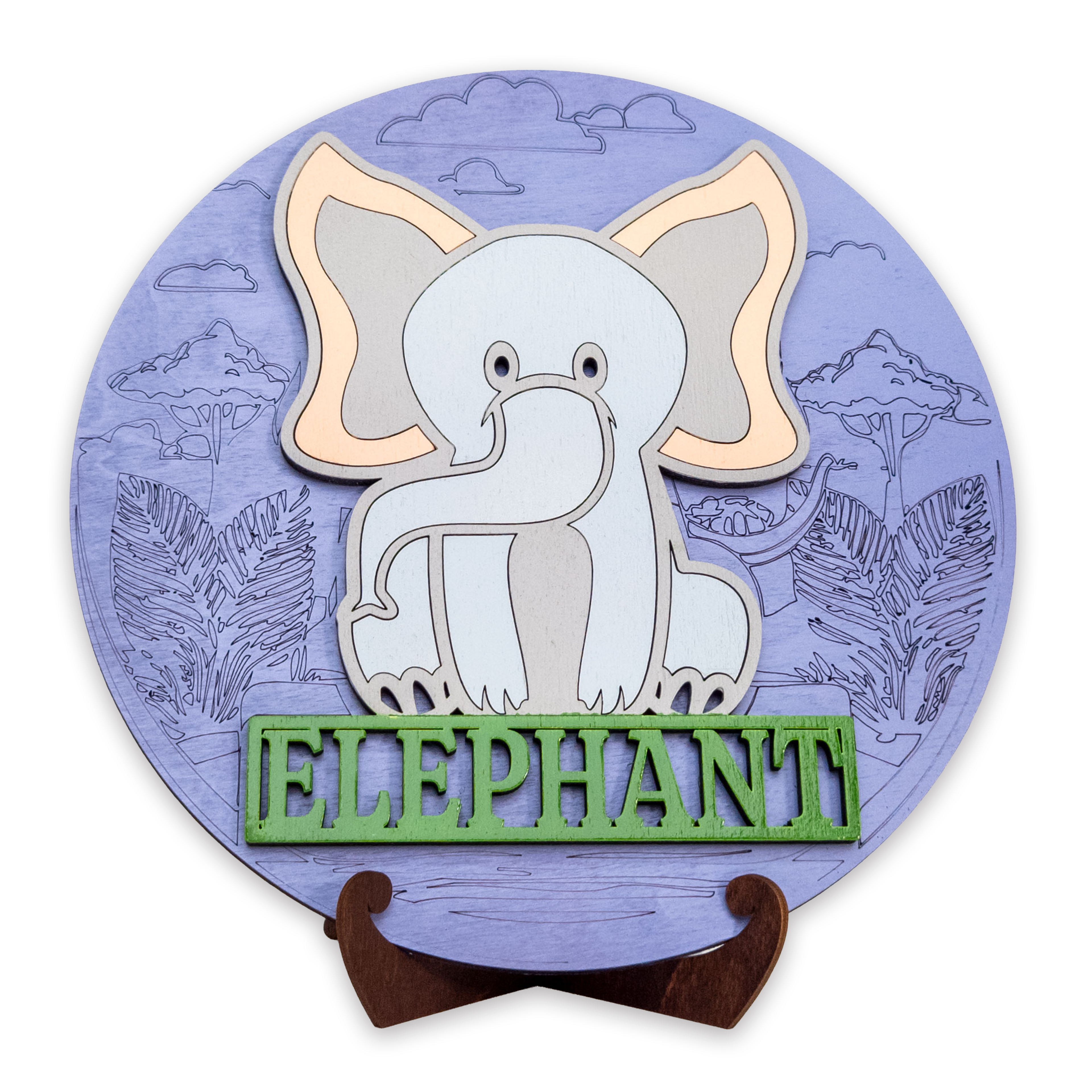 Multilayer 3D laser-cut elephant name sign wall art, Baltic Birch Plywood