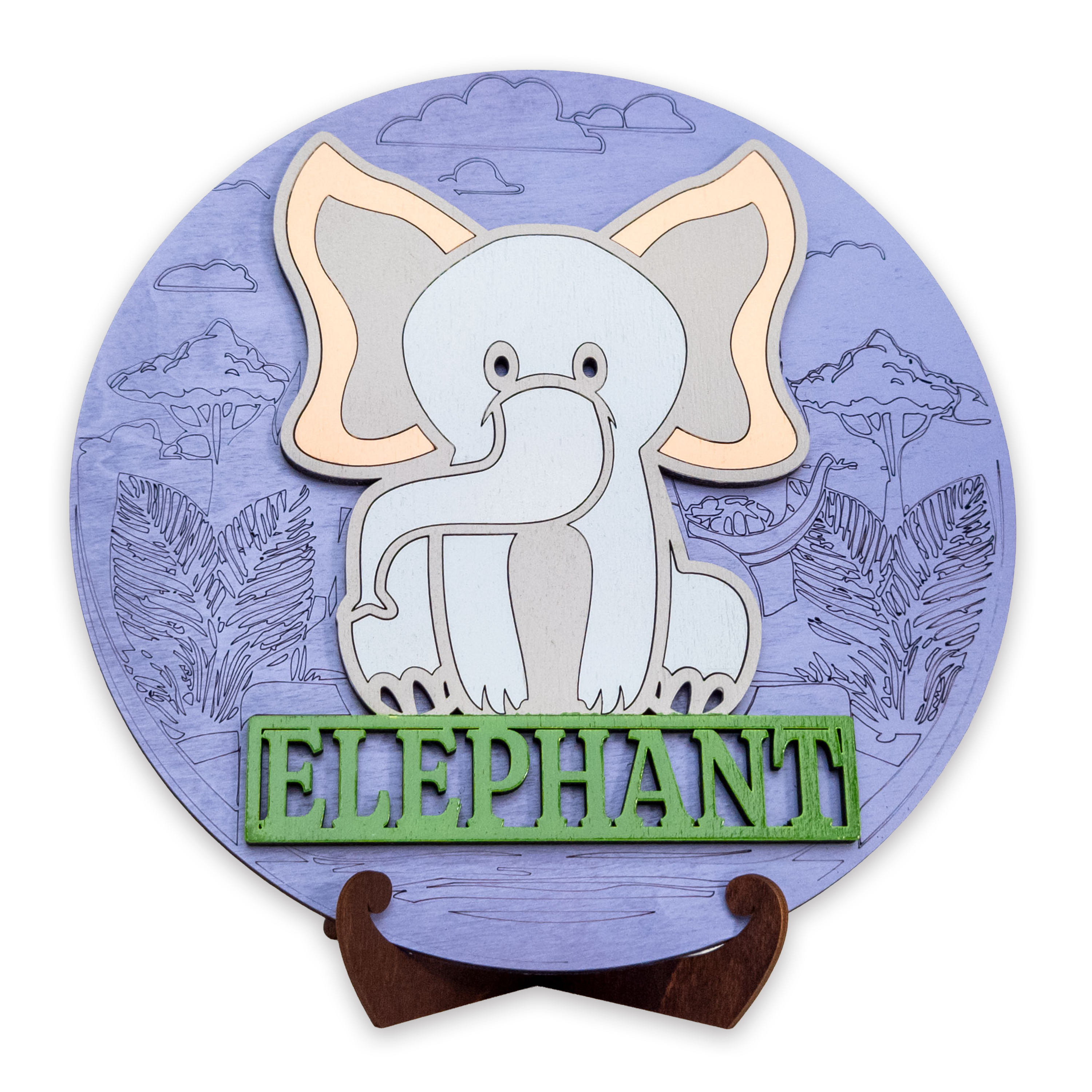 Multilayer 3D laser-cut elephant name sign wall art, Baltic Birch Plywood