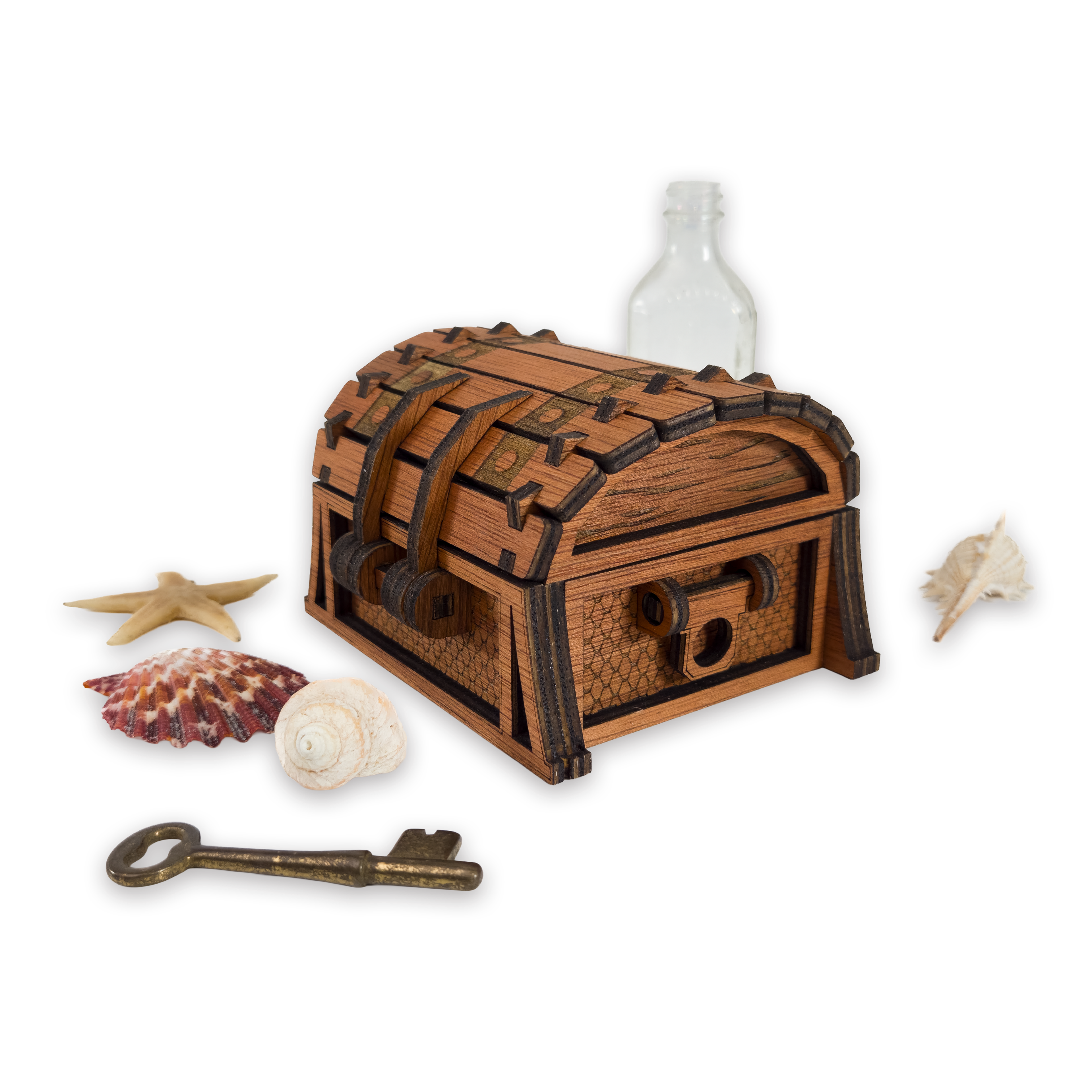 Laser-cut fantasy treasure chest, cherry-finished birch plywood