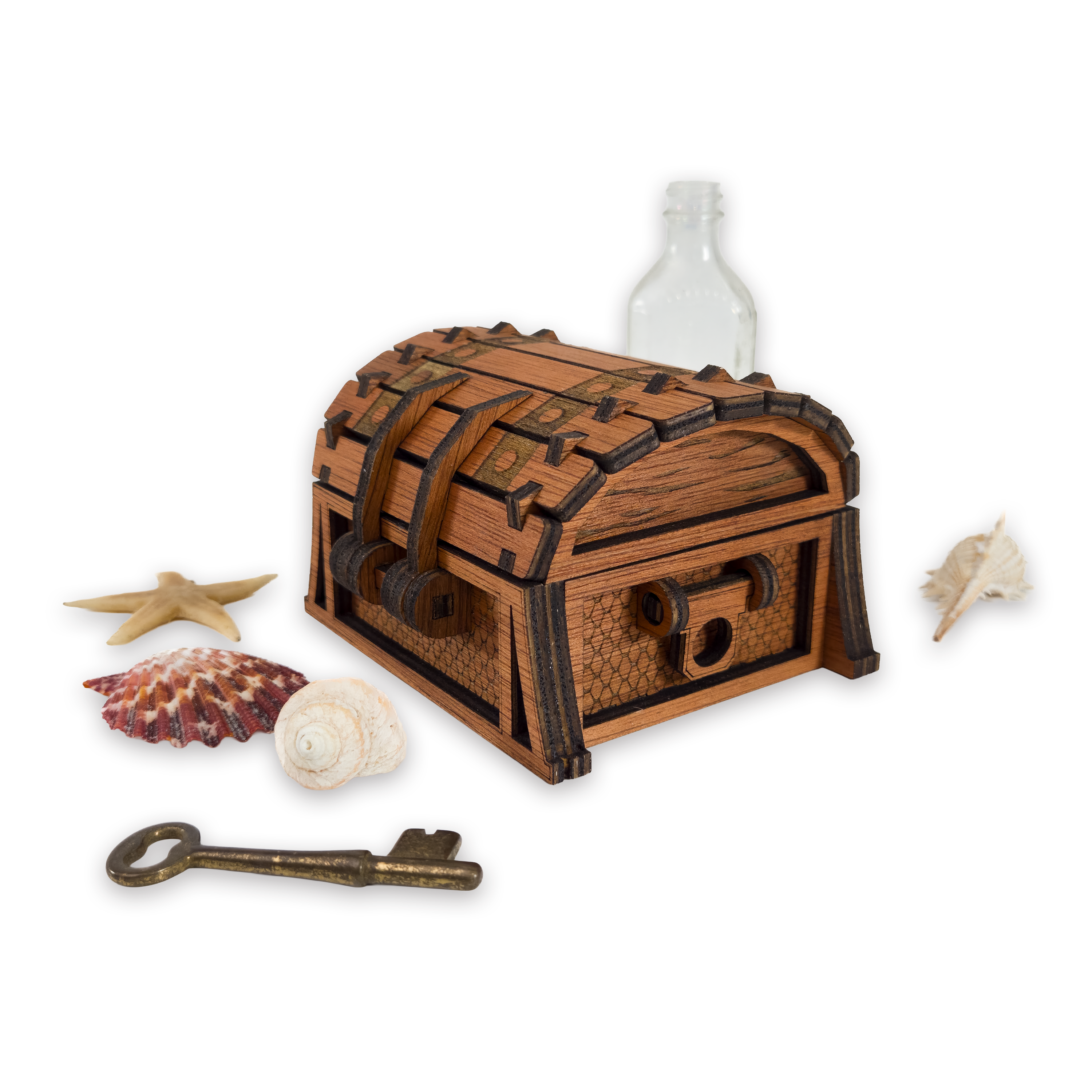 Laser-cut fantasy treasure chest, cherry-finished birch plywood