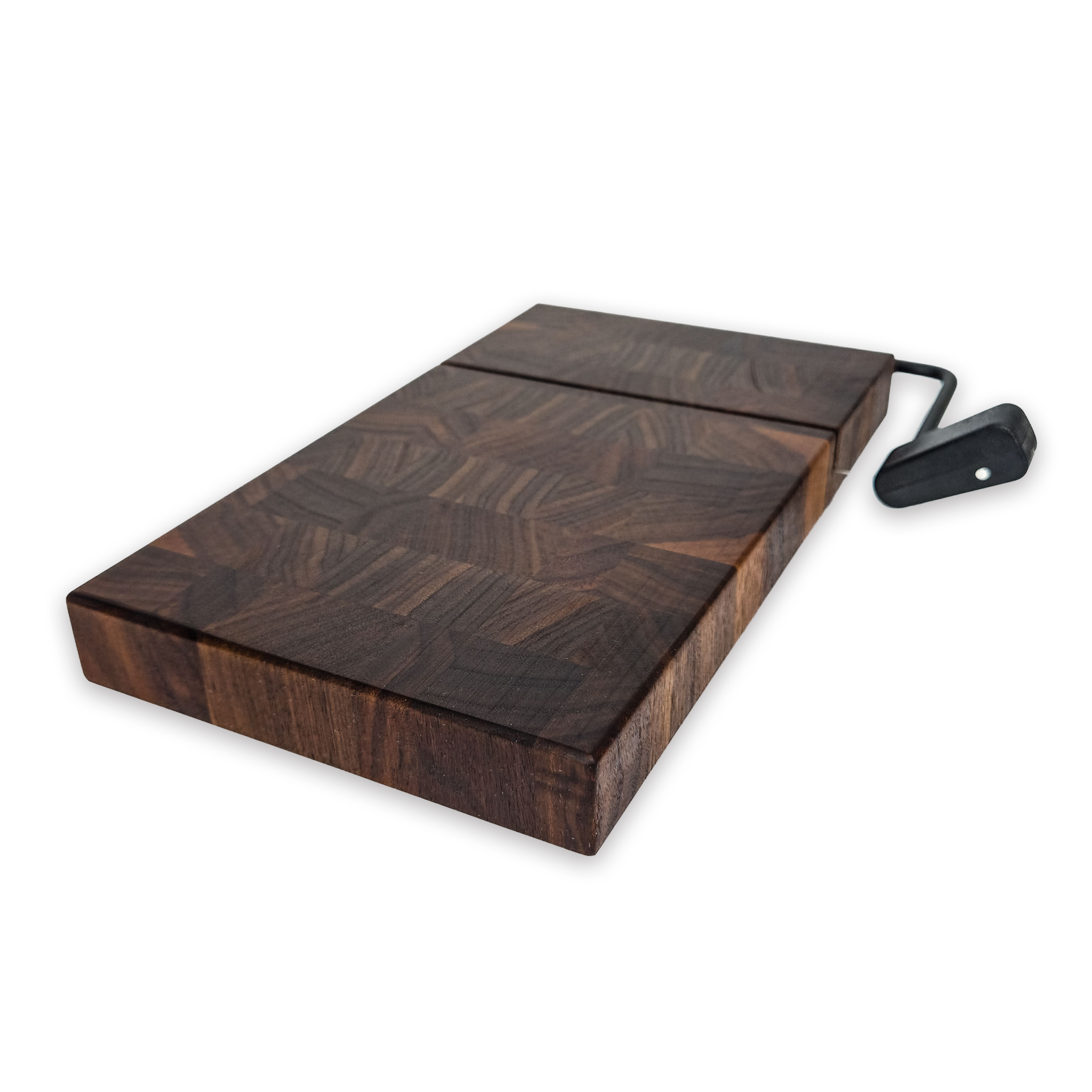 End grain solid walnut cheese slicer board with wire cutter, oiled hardwood