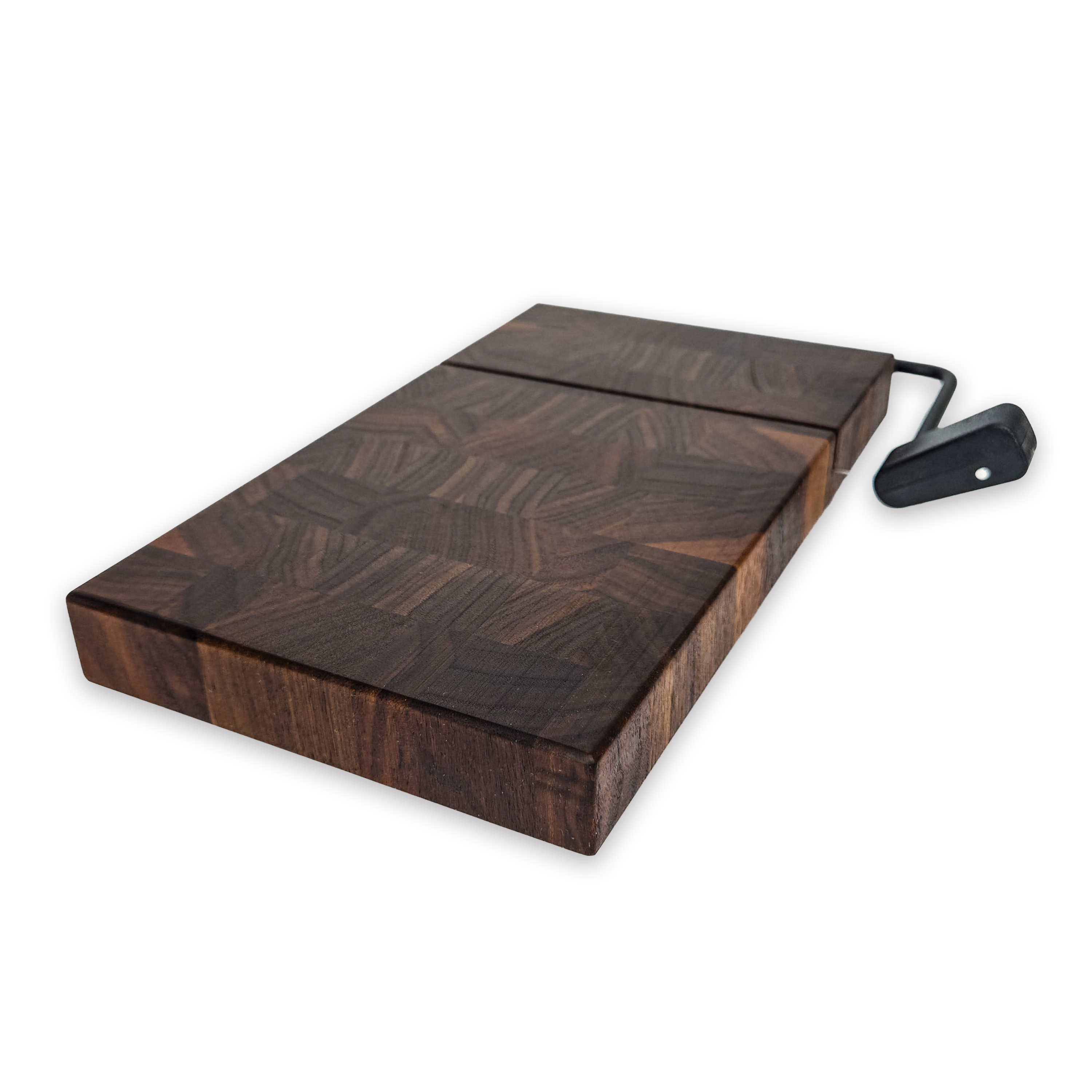 End grain solid walnut cheese slicer board with wire cutter, oiled hardwood