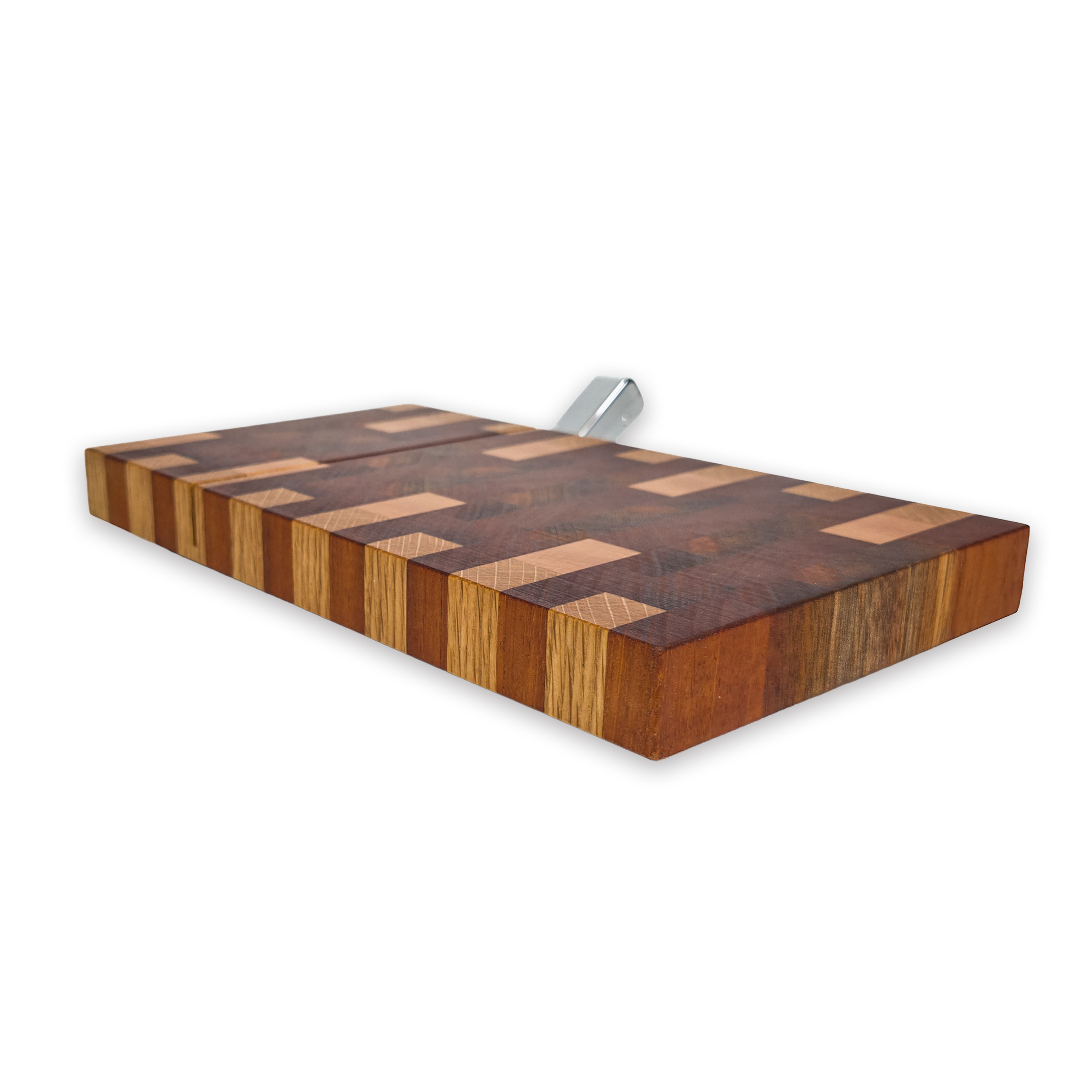 End grain oak, walnut & cherry mosaic cheese slicer board with wire cutter, oiled hardwood