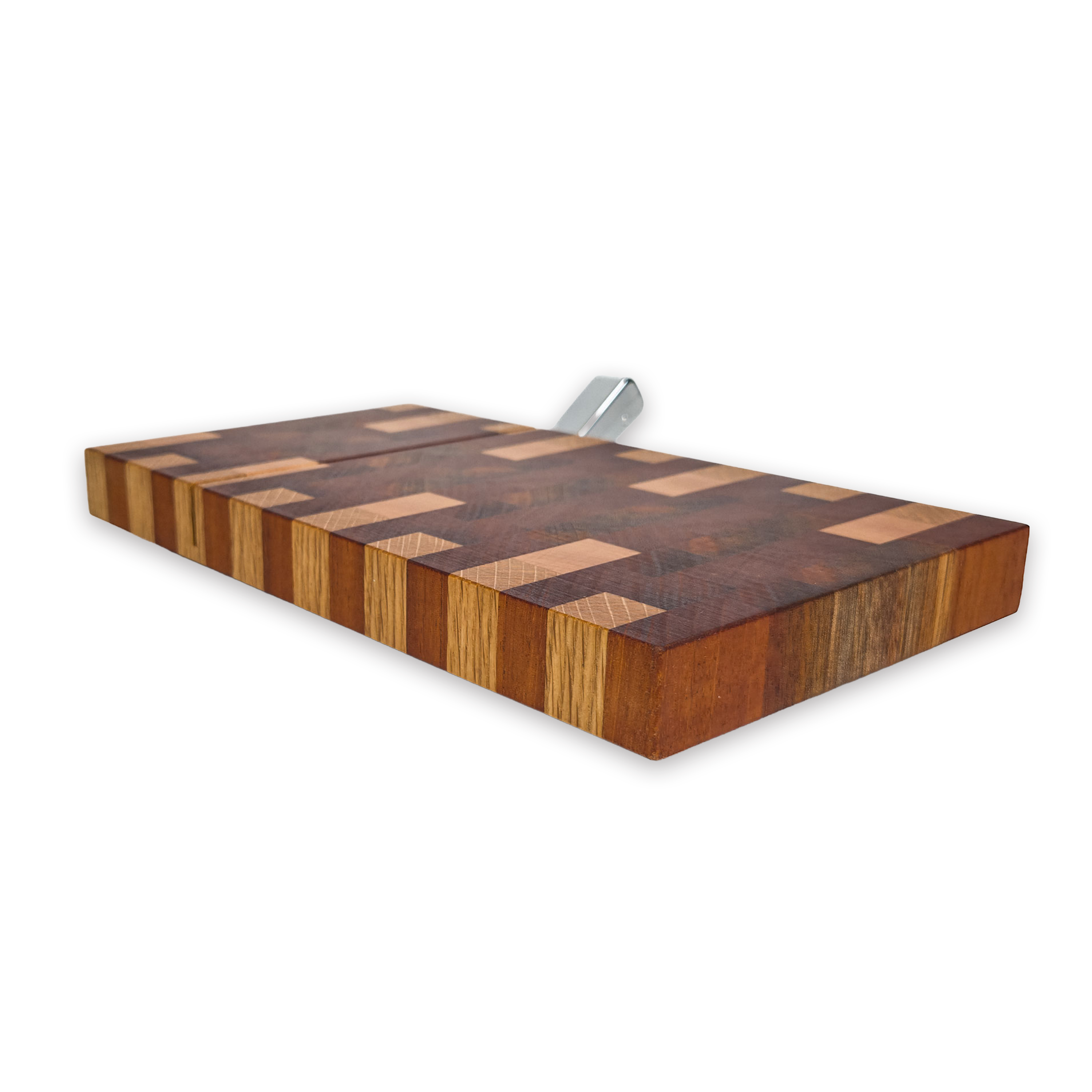 End grain oak, walnut & cherry mosaic cheese slicer board with wire cutter, oiled hardwood