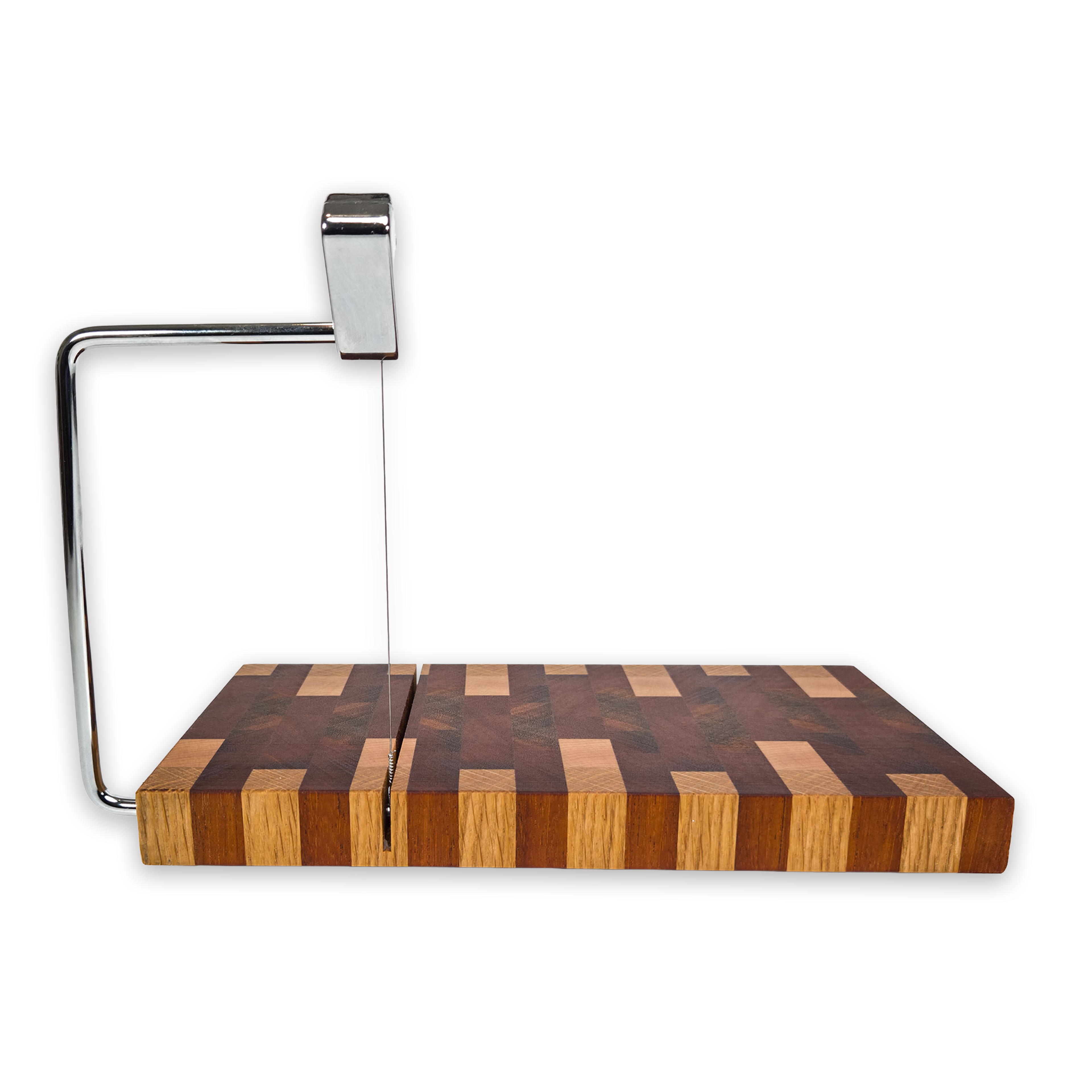 End grain oak, walnut & cherry mosaic cheese slicer board with wire cutter, oiled hardwood