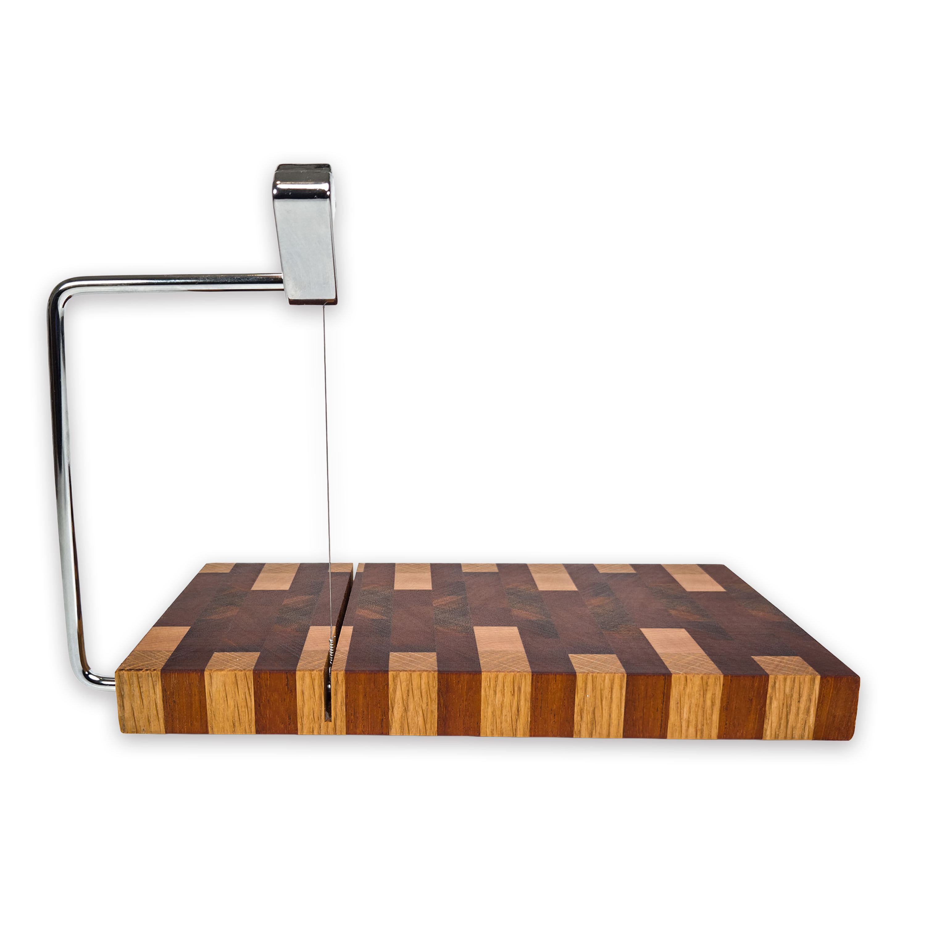 End grain oak, walnut & cherry mosaic cheese slicer board with wire cutter, oiled hardwood